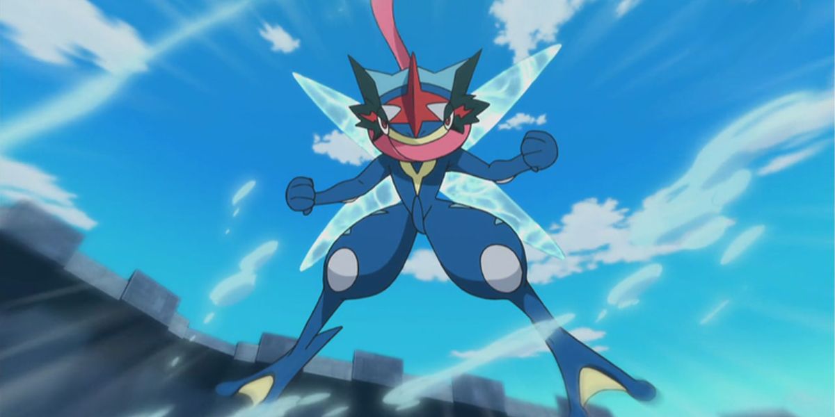 Ash's Battle Bond Greninja prepares to attack in the Pokemon anime.