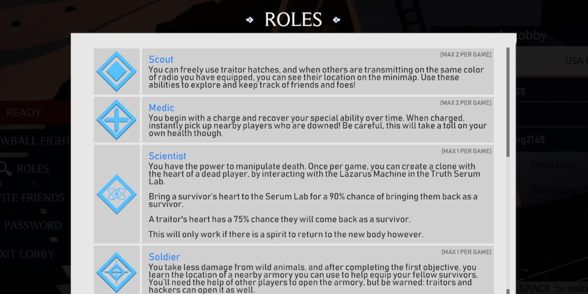 Project Winter survivor roles descriptions