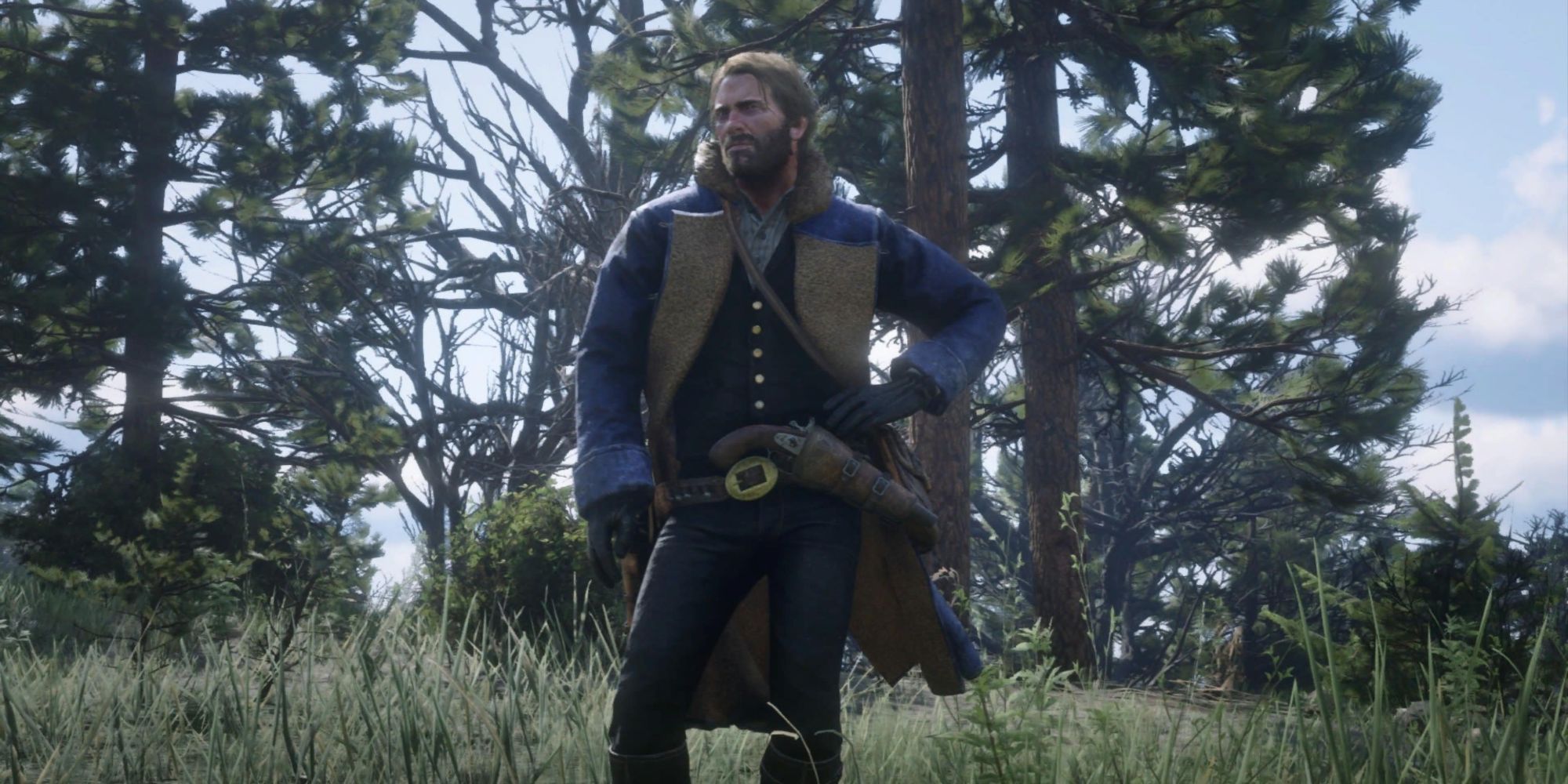 Red Dead Redemption 2 Arthur Posing In Coat With Trees Behind