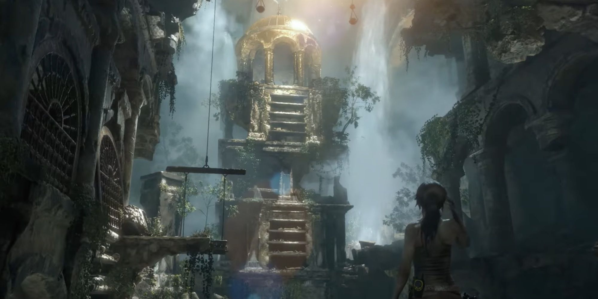 Lara Croft enters the a flooded passage in the Prophet's Tomb, the Prophet's sarcophagus resting far above her head. From Rise of the Tomb Raider.