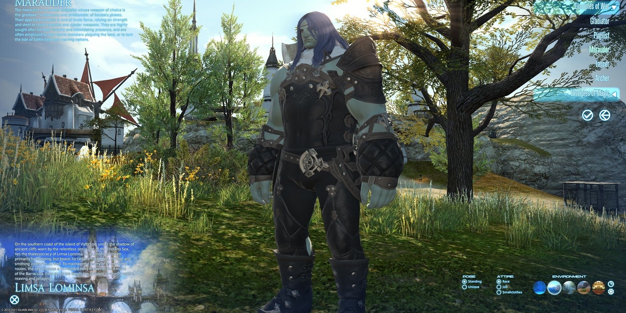 The character creation screen on final fantasy 14 featuring a male roagadyn marauder standing in the green La Noscean countryside