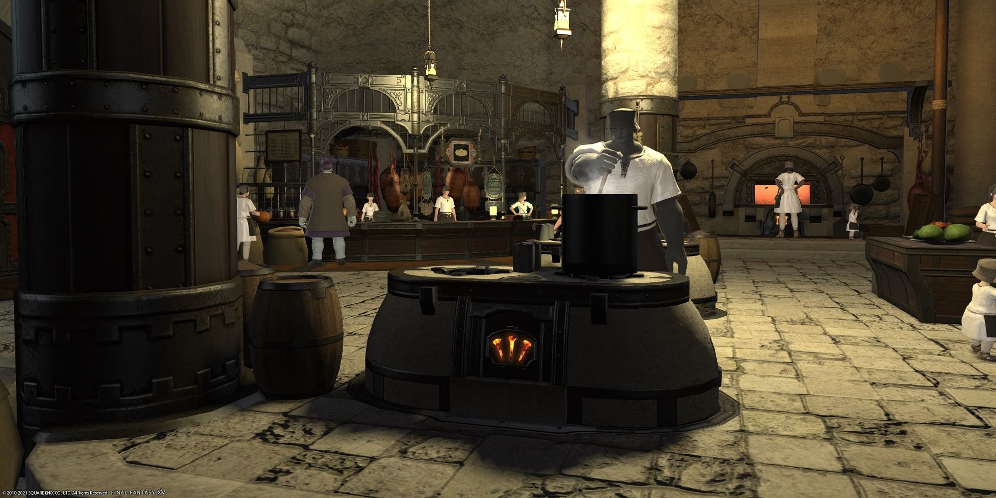 Roegadyn chef stiring a pot over a stove sitting in the middle of the kitchen