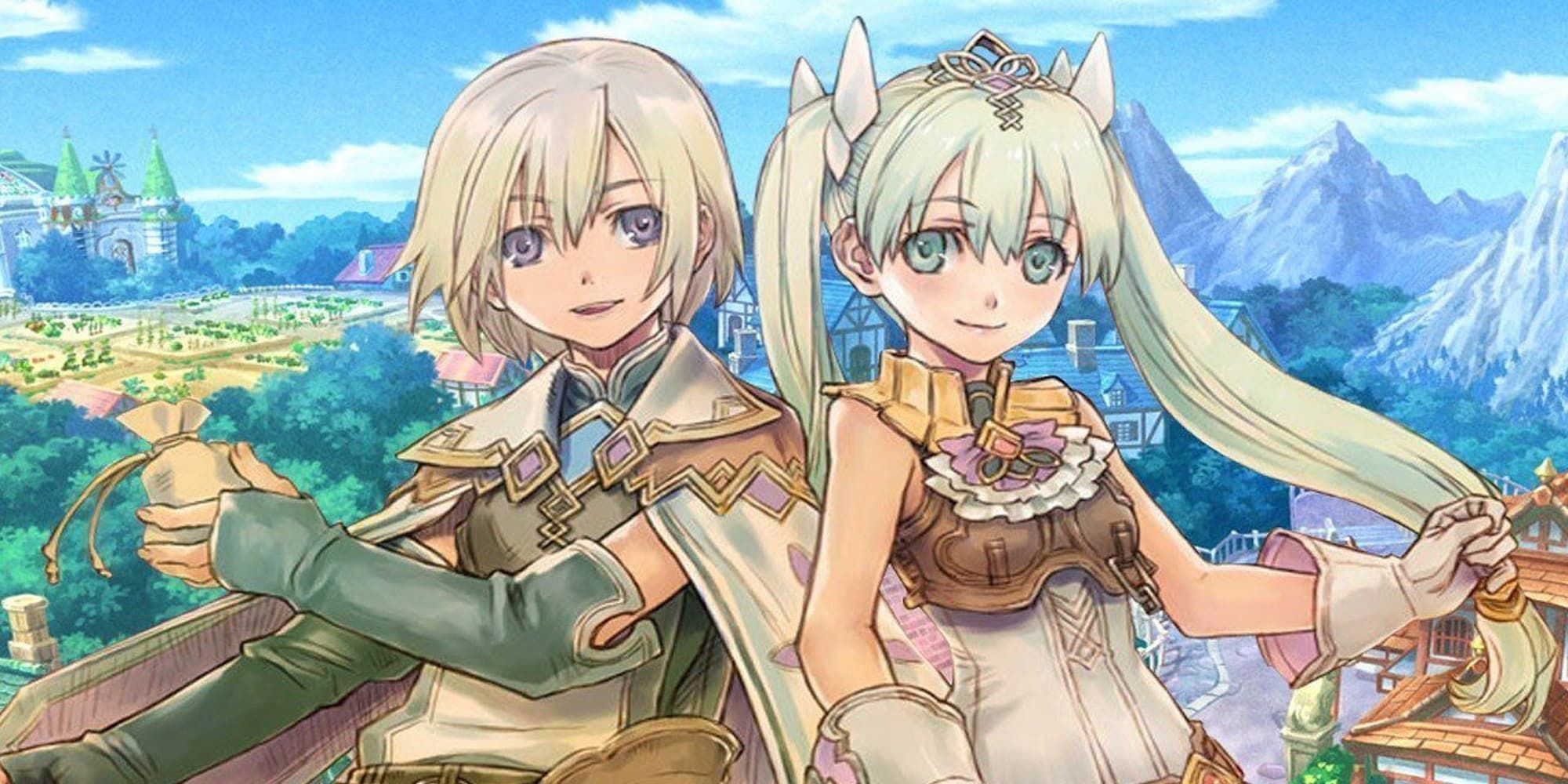 Closeup of male and female heroes from Rune Factory 4 standing next to each other and smiling