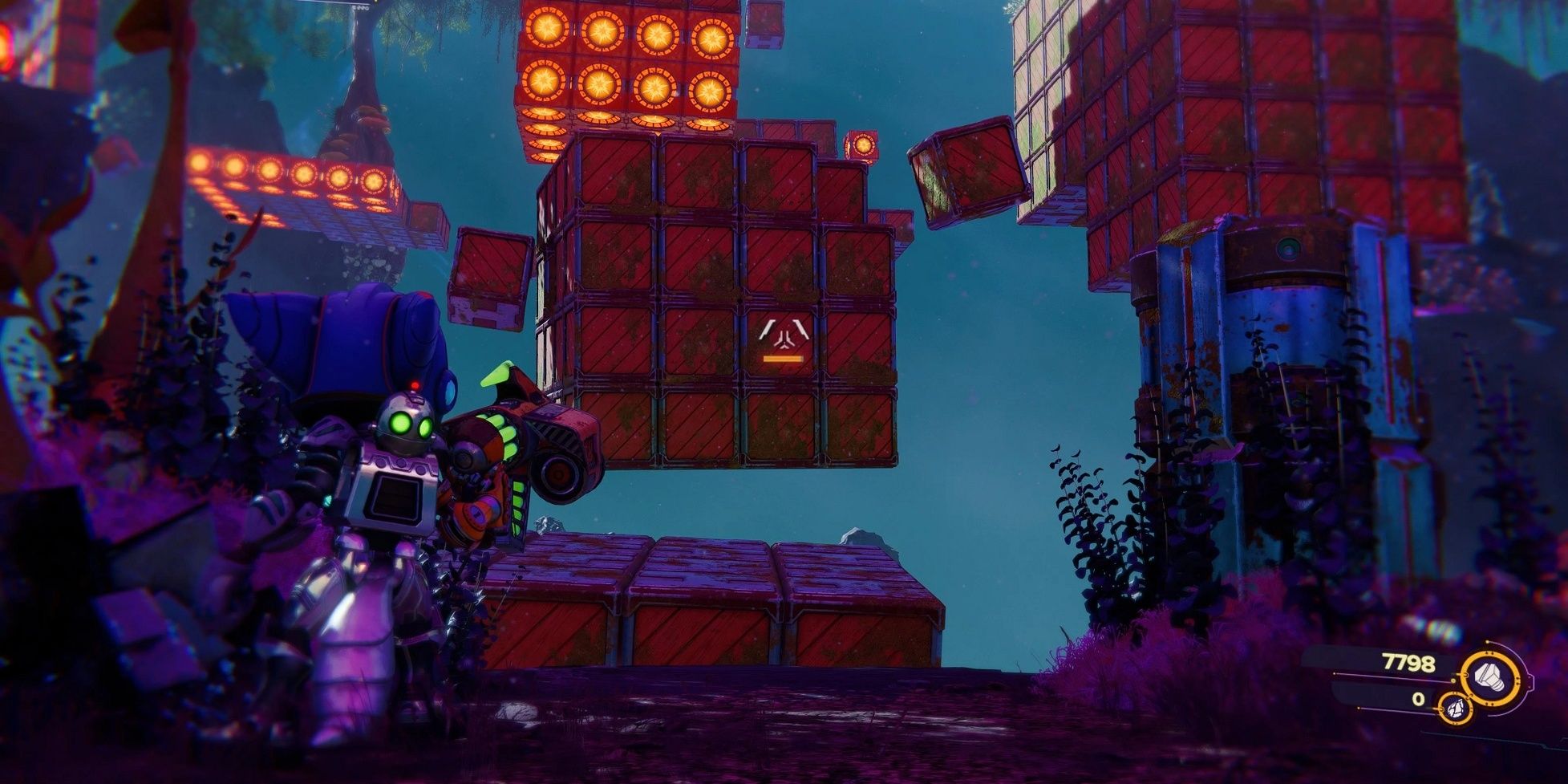 Rivet standing in the forefront about to ascent onto a floating box of crates