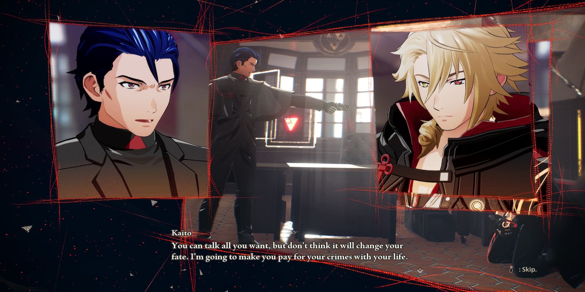 A story cutscene featuring multiple characters in Scarlet Nexus 