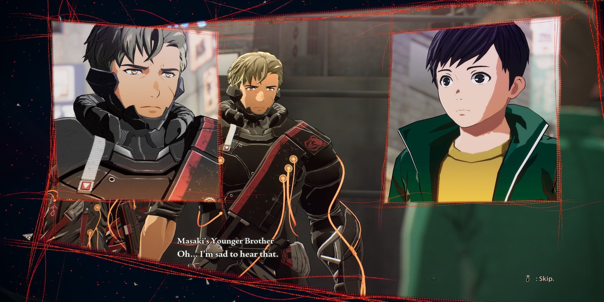A story cutscene featuring multiple characters in Scarlet Nexus 