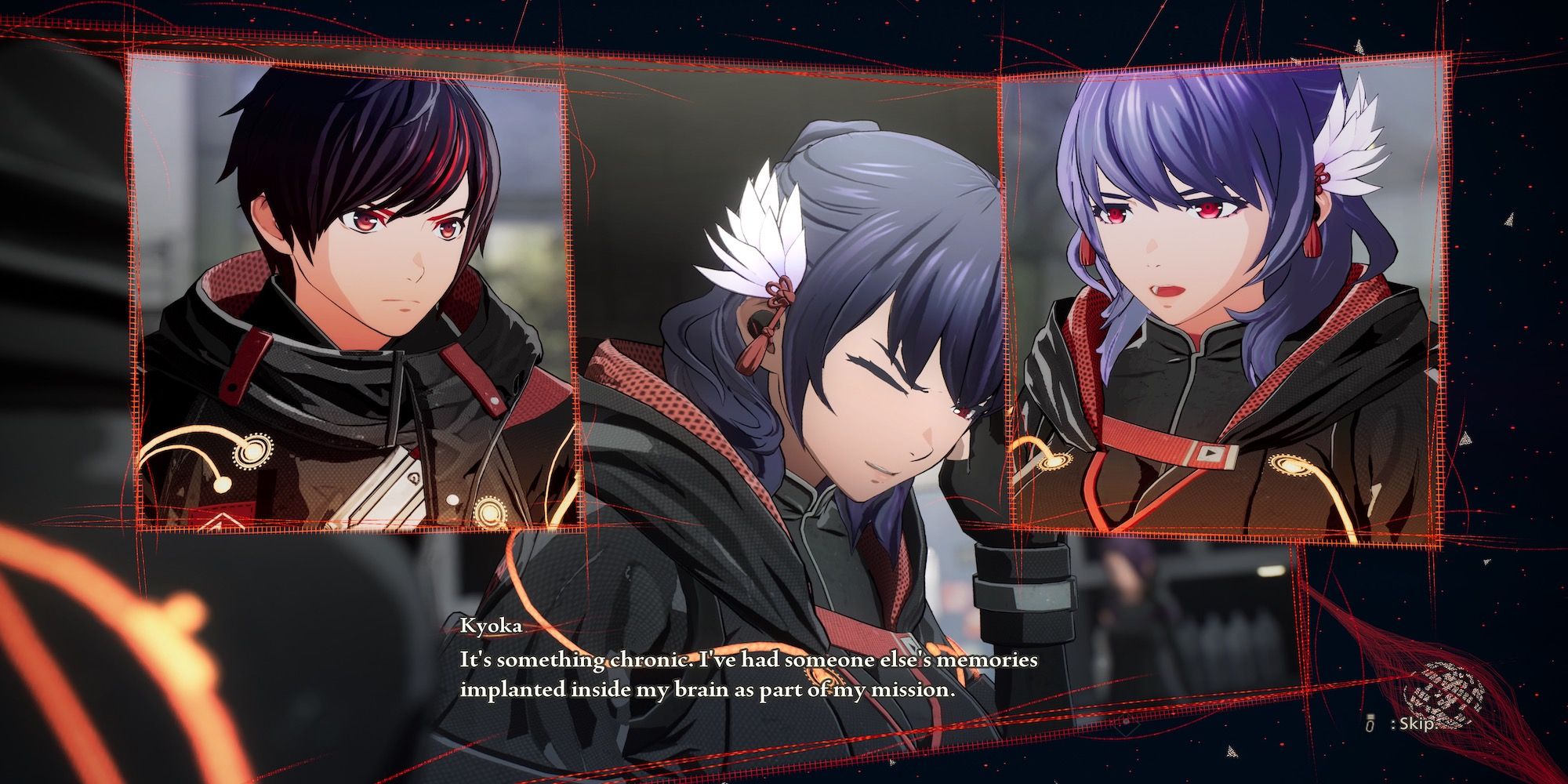 A story cutscene featuring multiple characters in Scarlet Nexus 