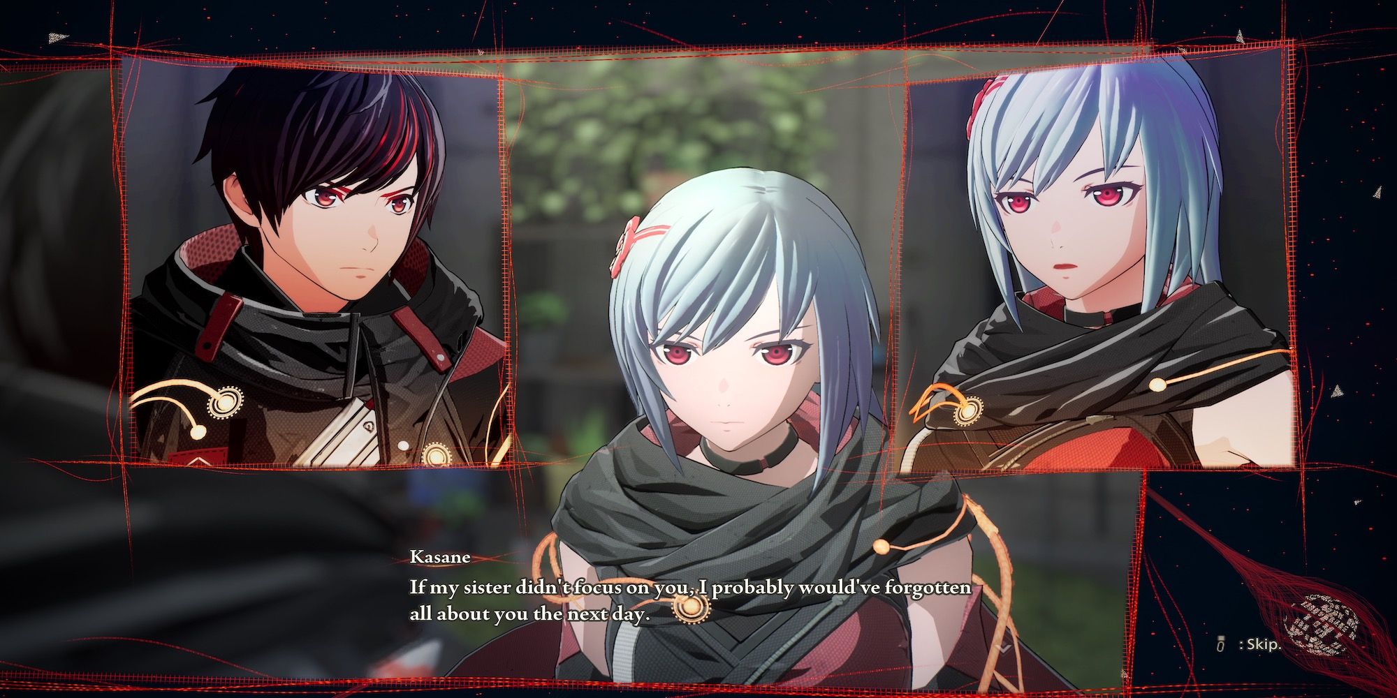 A story cutscene featuring multiple characters in Scarlet Nexus 