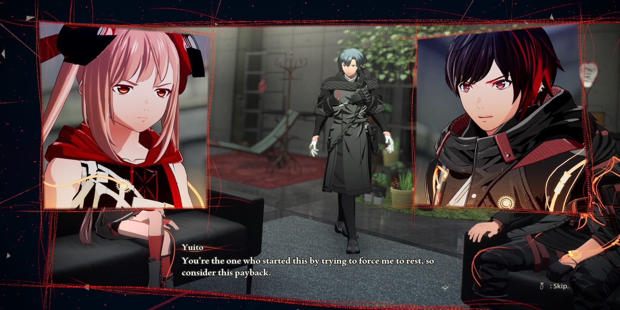 A story cutscene featuring multiple characters in Scarlet Nexus 