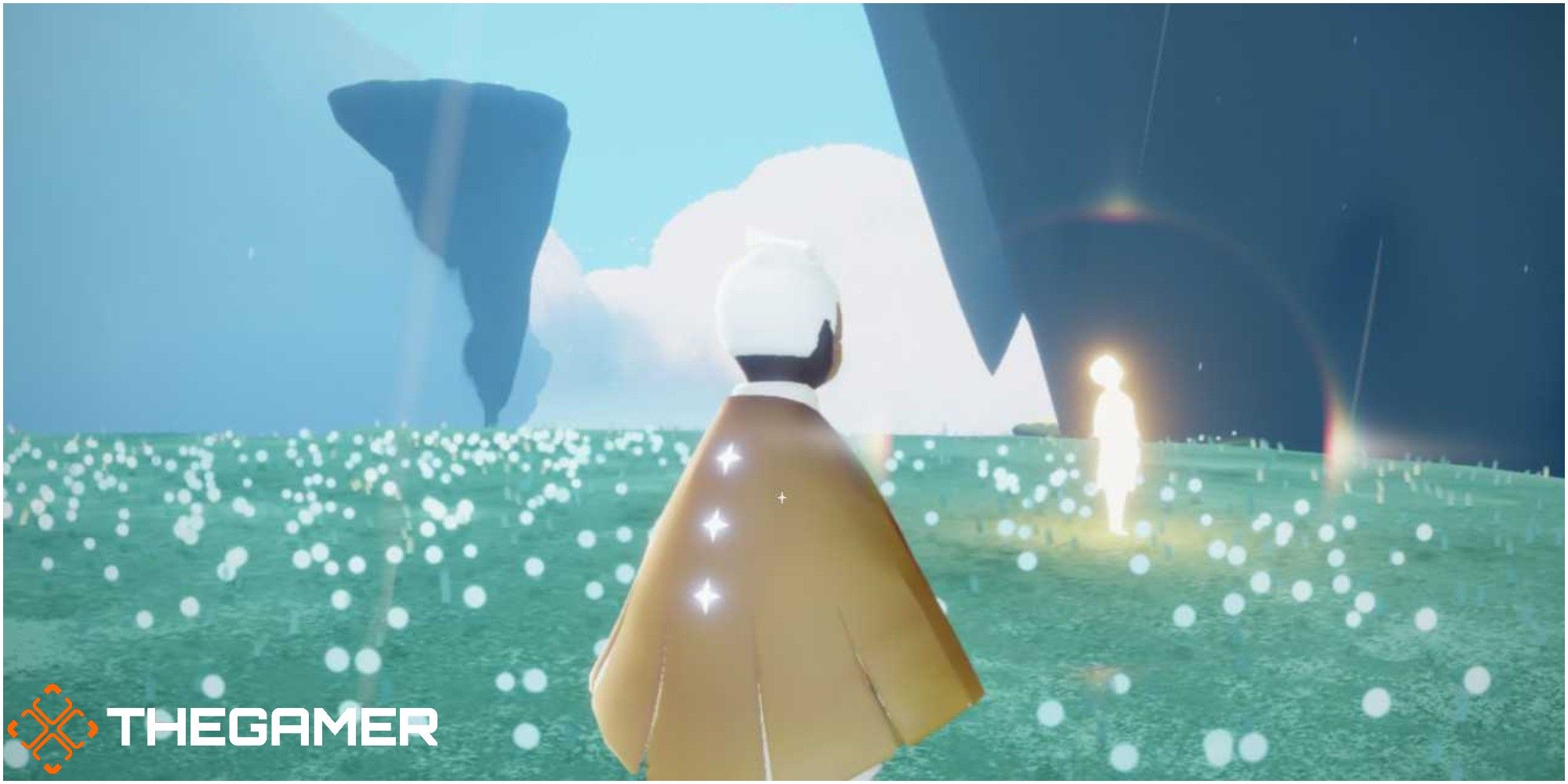 Sky Children Of The Light the player looks at a glowing spirit 
