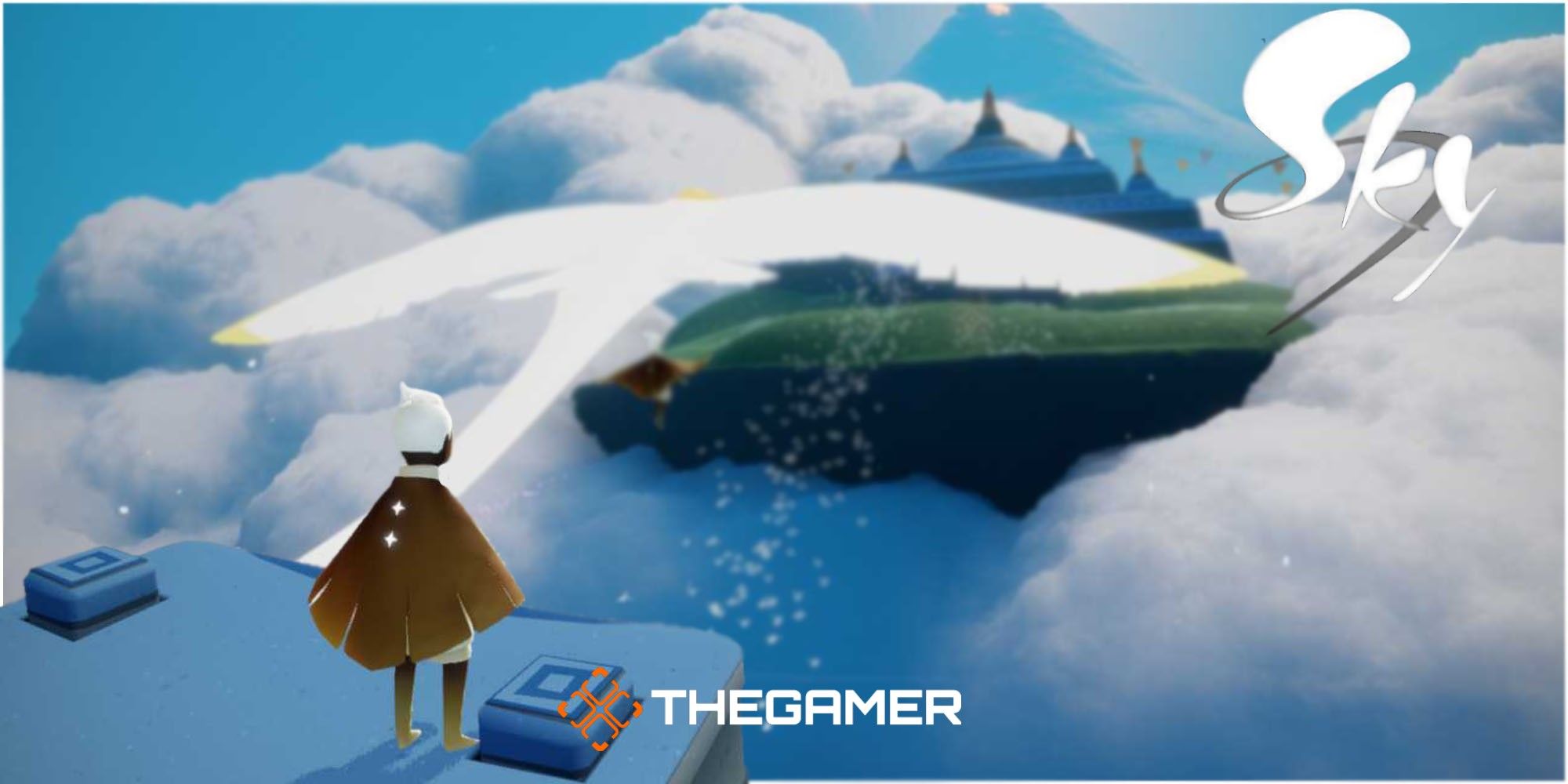 Sky Children Of The Light a player looking out over floating islands in rolling clouds