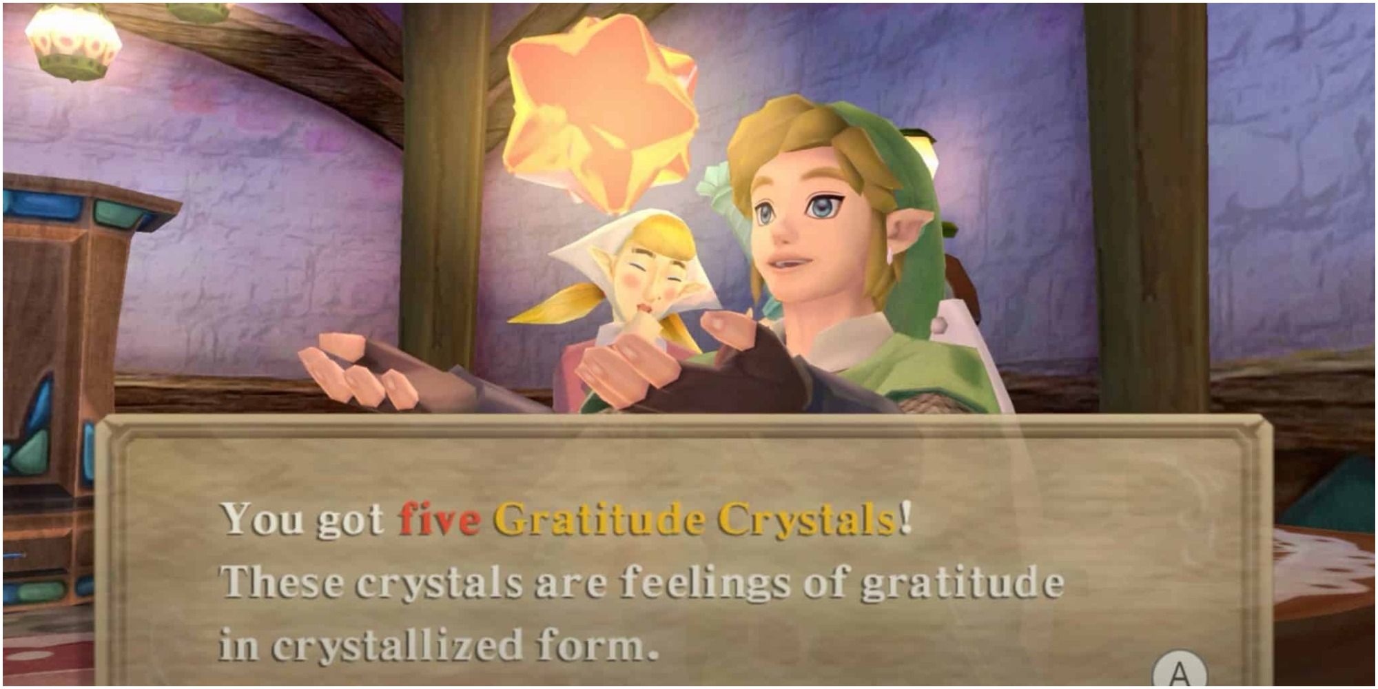 Skyward Sword - Link earning five Gratitude Crystals from a sidequest