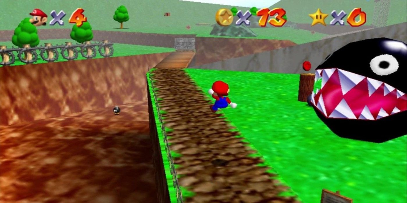 Super Mario 64 Chain Chomp Bob Omb Battlefied Mario jumping towards bridge