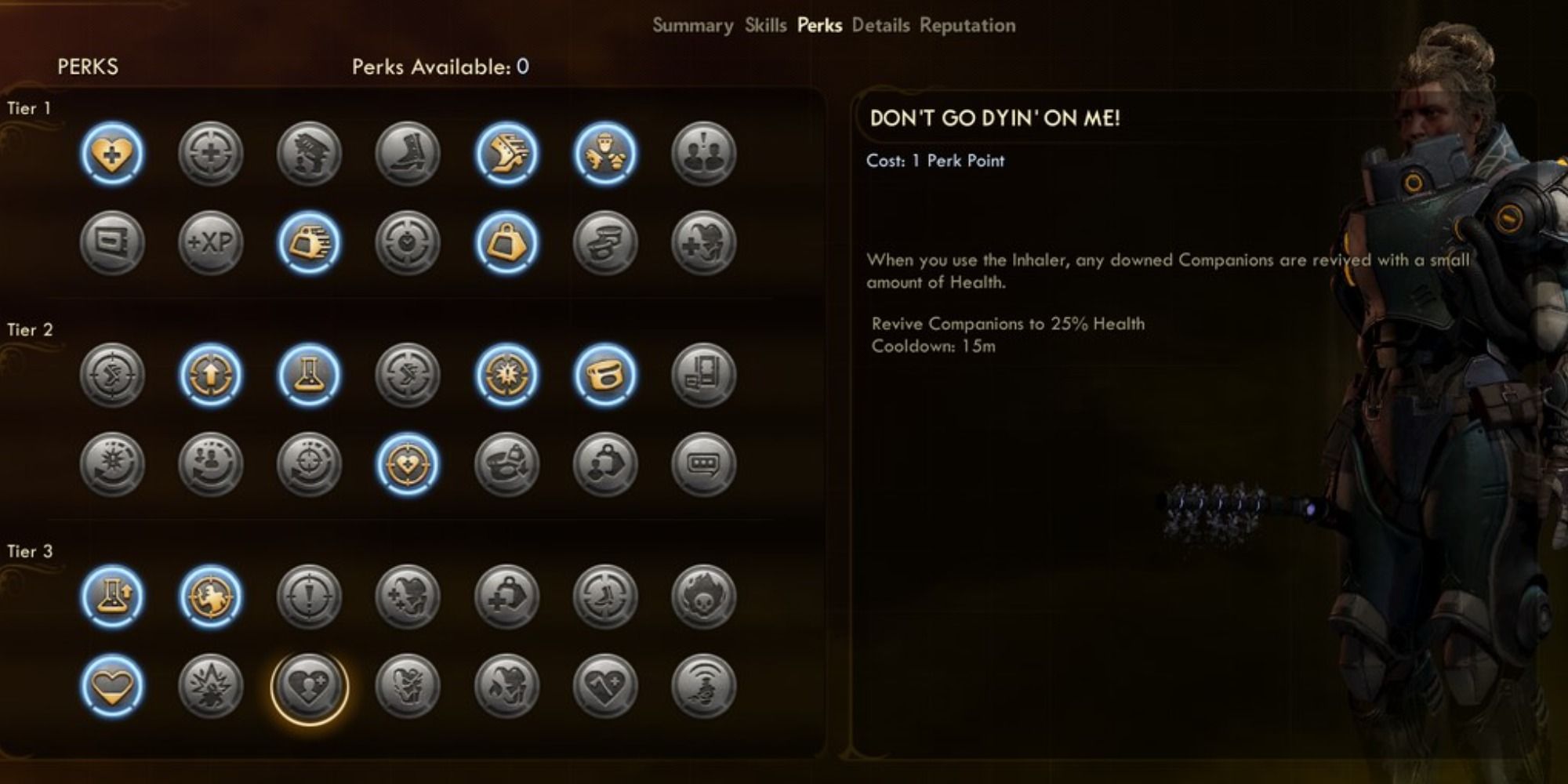 The Outer Worlds Dont go dying on me perk list