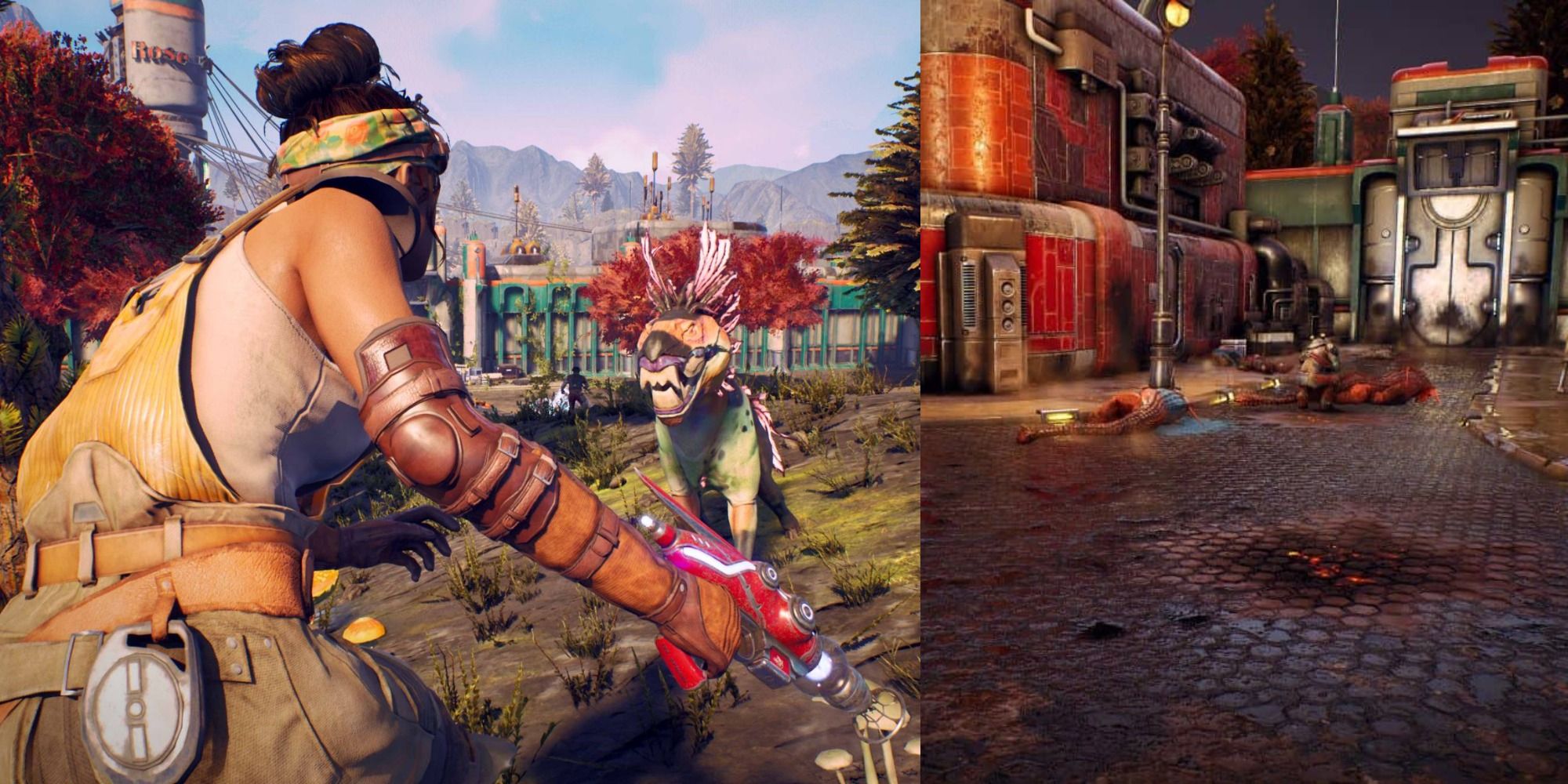 The Outer Worlds pavarti fighting a canid and dead canids