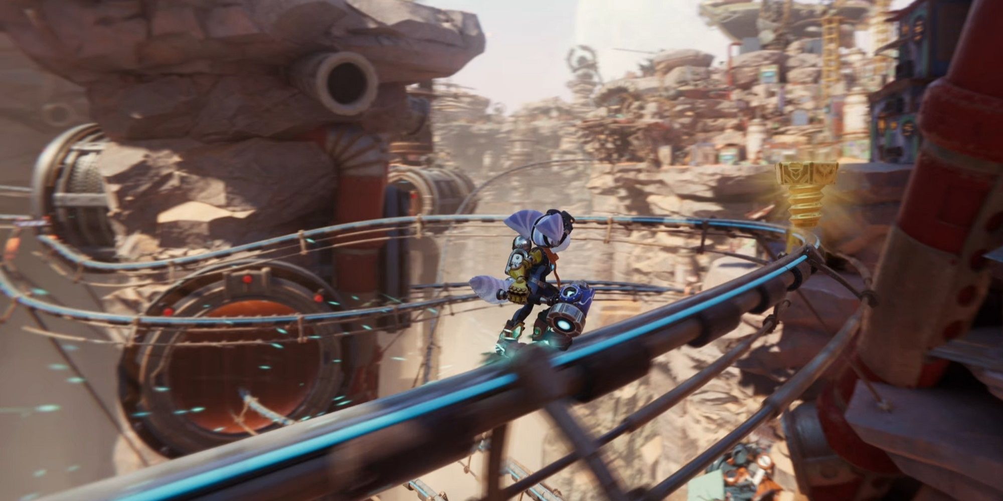Rivet riding a blue and grey grindrail on Torren IV with a gold bolt on the rail in front of her