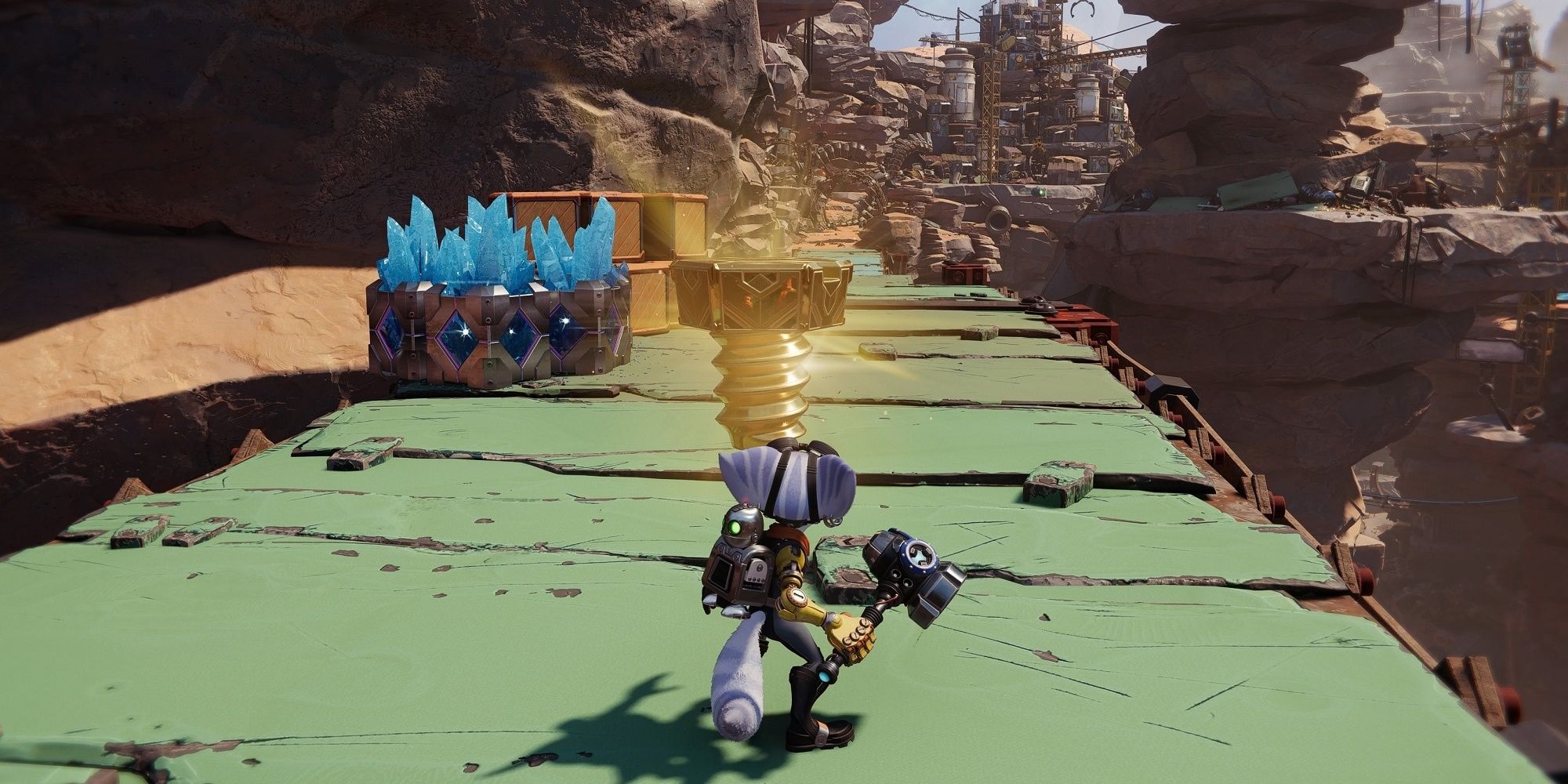 Riven standing on a green platform on Torren IV with a gold bolt in front of her