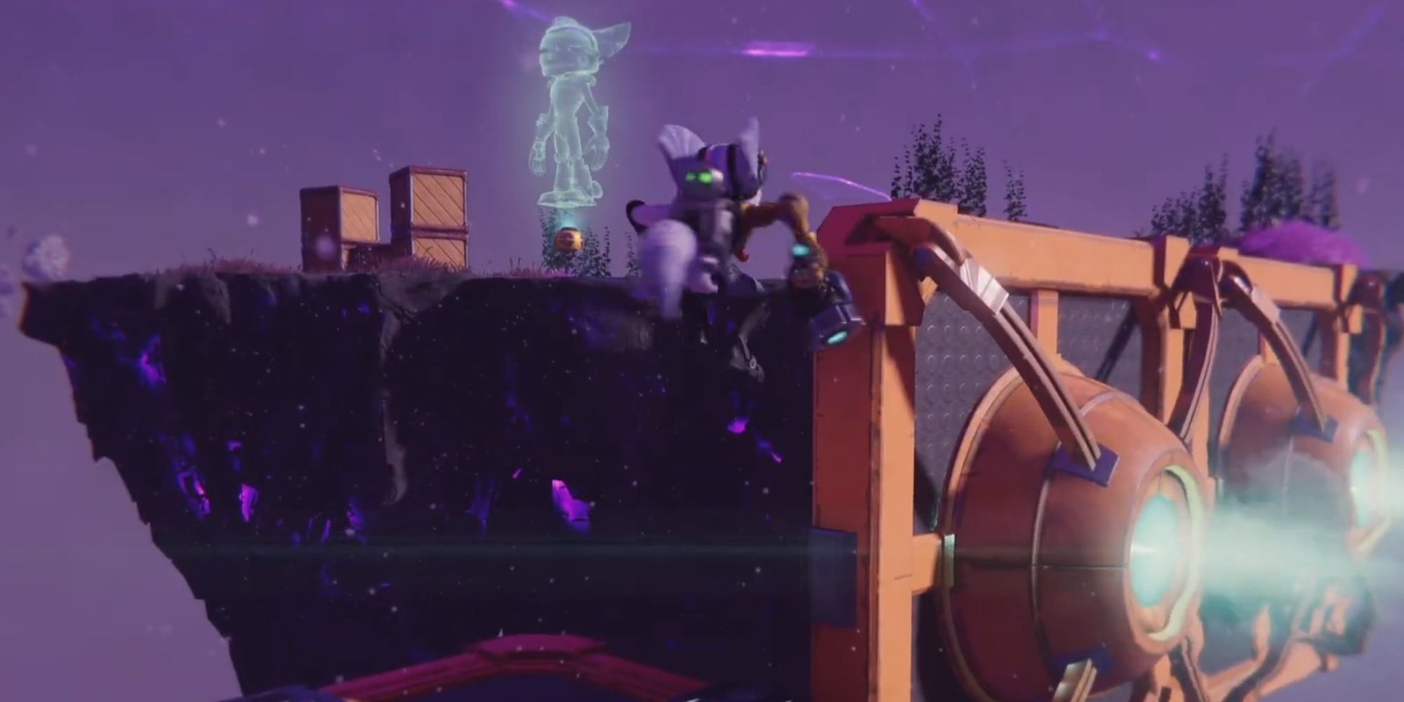 Rivet jumping onto a floating island platform containing the Q-force helmet on Viceron
