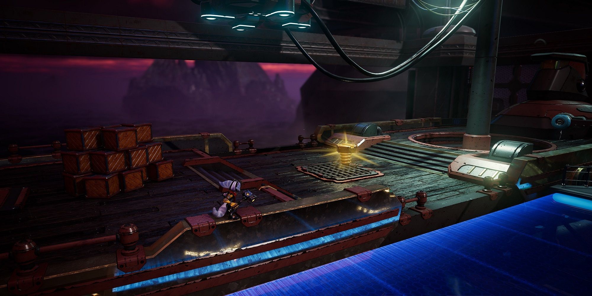 Rivet exploring a pirate ship containing a gold bolt in the hull on planet Viceron