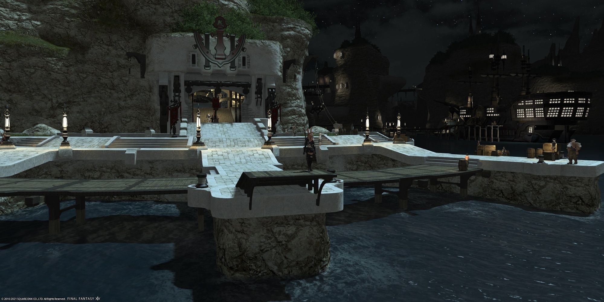 Viera standing at ferry docks to Vesper Bay in Limsa Lominsa at night
