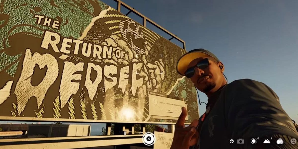 Watch Dogs 2 main character posing infront of a deadsec billboard