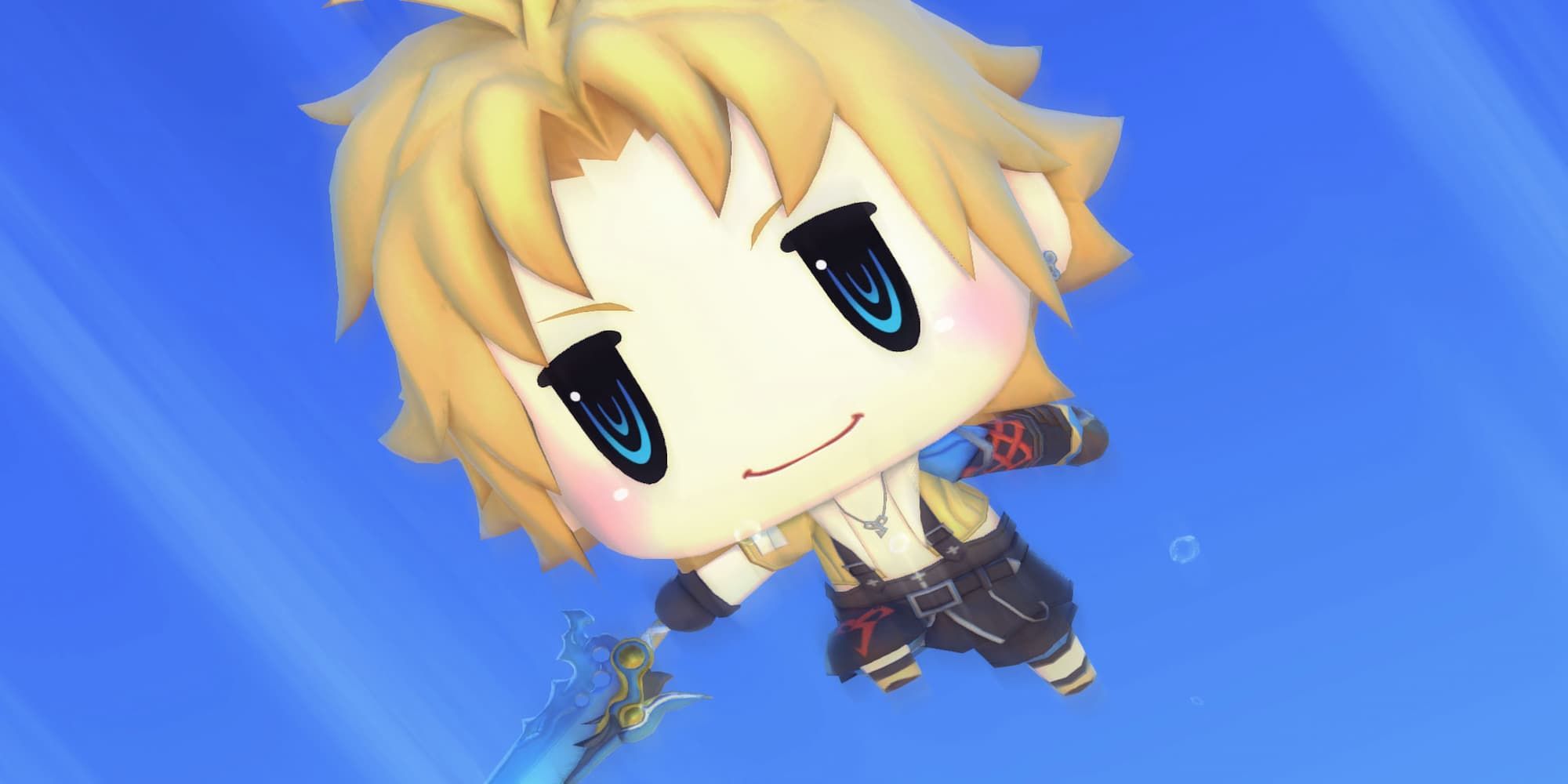 Final Fantasy 10 Tidus in World of Final Fantasy jumping in the air and readying a sword attack