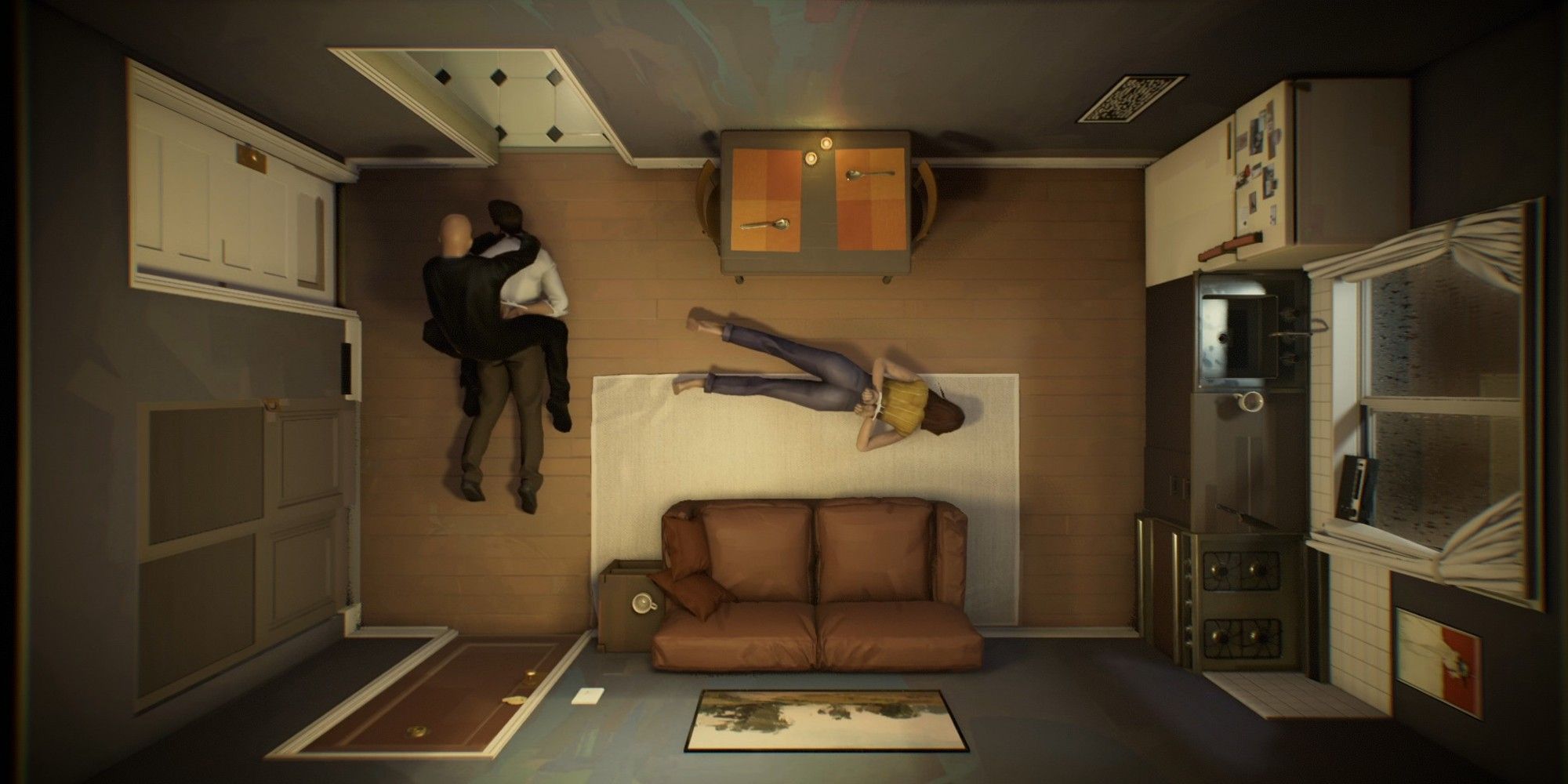 top down of an apartment with three characters inside