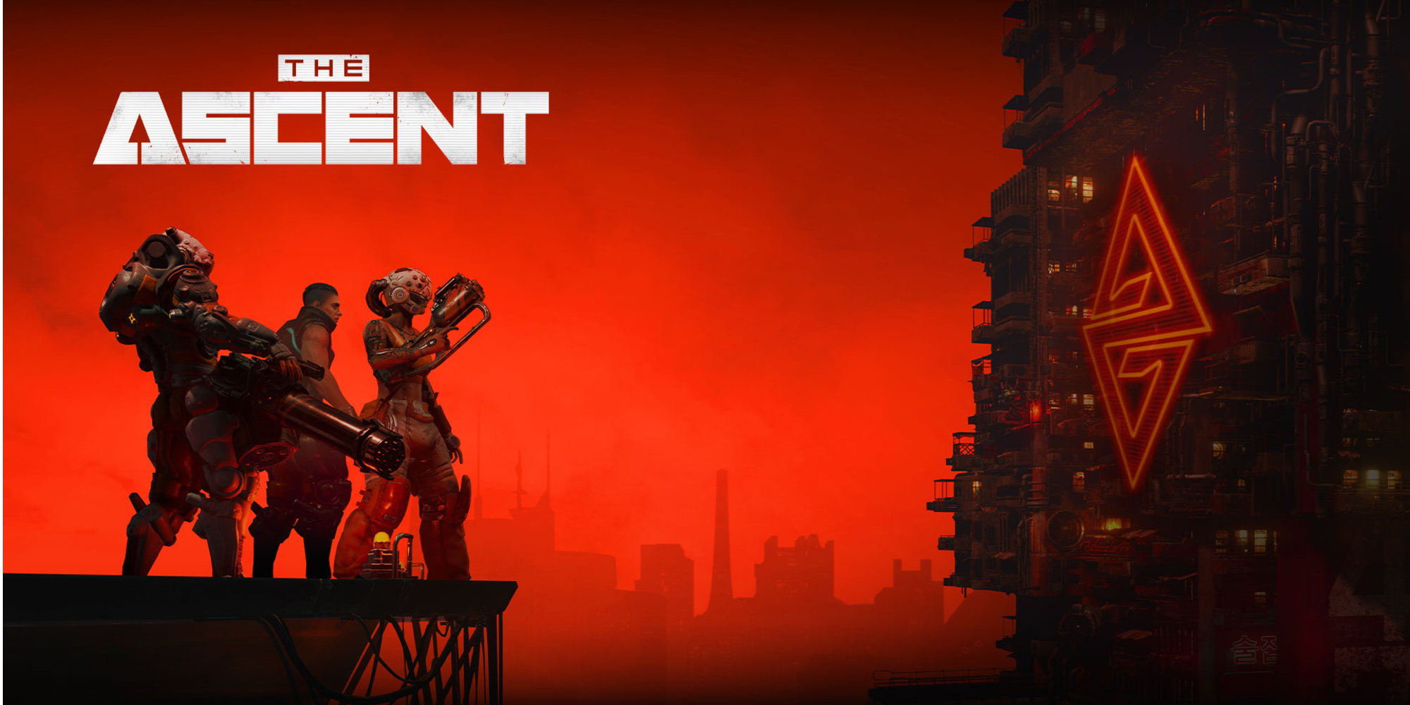 the ascent splash art three characters and background city