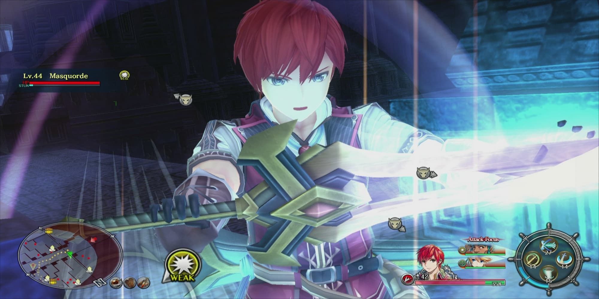 Closeup of Adol from Ys 8 Lacrimosa of Dana in battle holding his shining sword and charging a skill