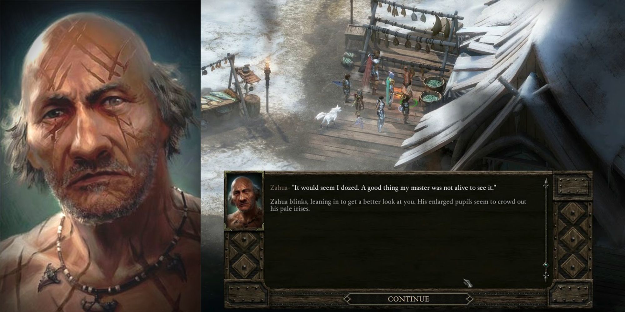 Pillars of Eternity Zahua portrait alongside gameplay showing him meeting the party.