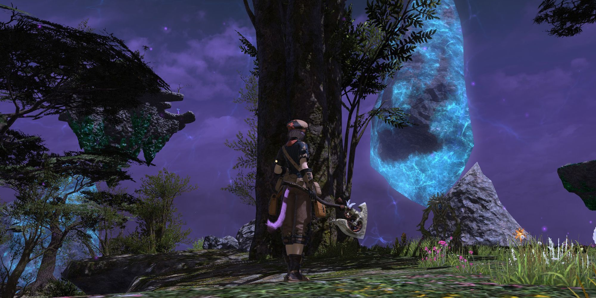 Miqo'te Botanist with axe farming wood infront of Crystal in field