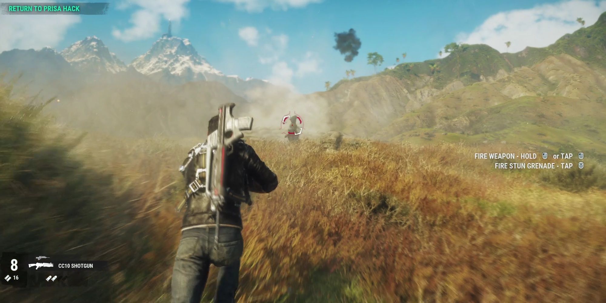 The protagonist of Just Cause 4 runs towards a downed helicopter.