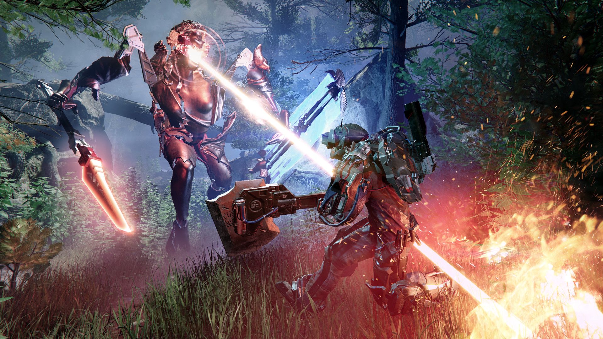 Player's character dodging a laser attack from boss in The Surge 2.