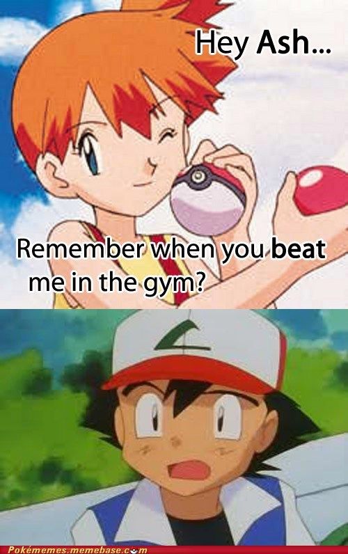 A meme illustrating Ash Ketchum's unearned gym badge from Misty