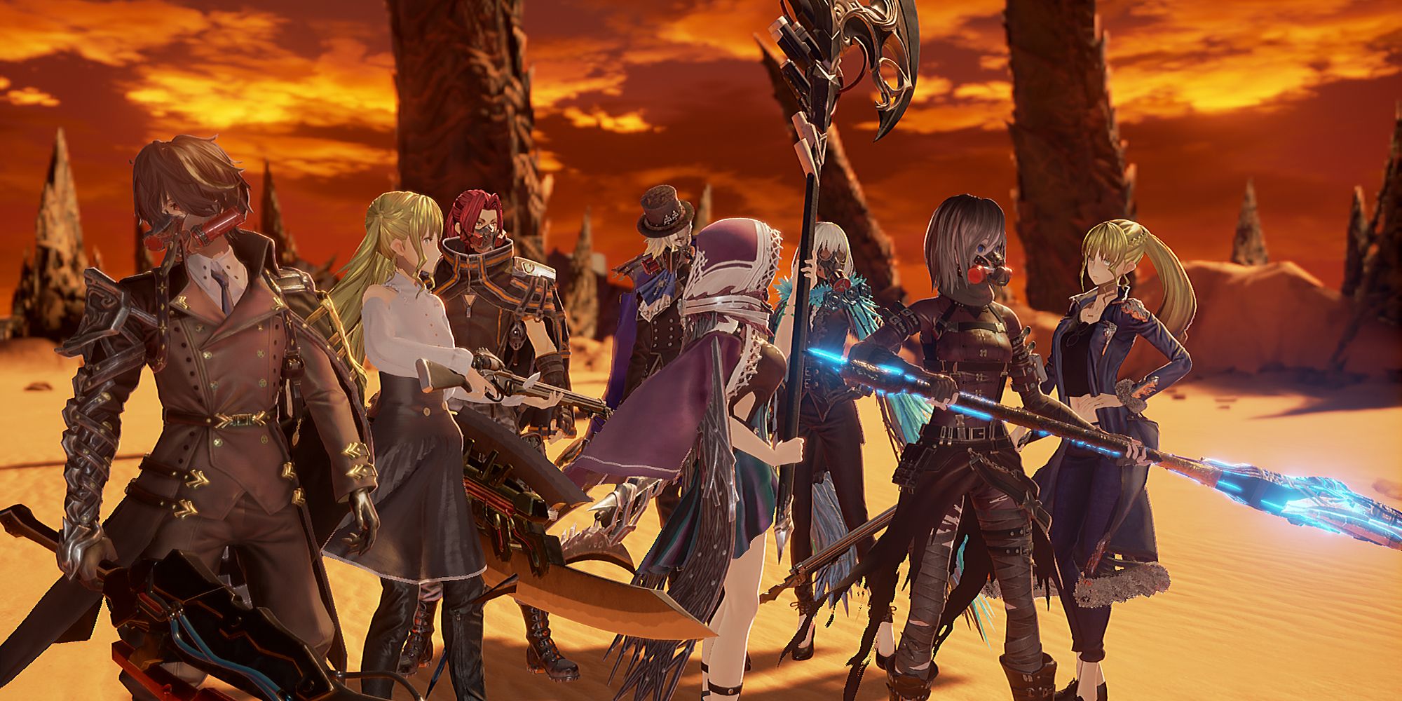 A group of party members stand around
