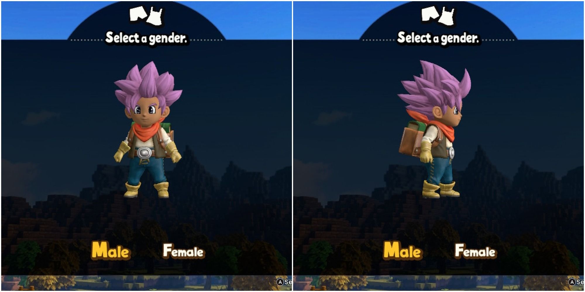 Split image Character creation The front and side view of the default male hairstyle on Hero in Dragon Quest Builders 2