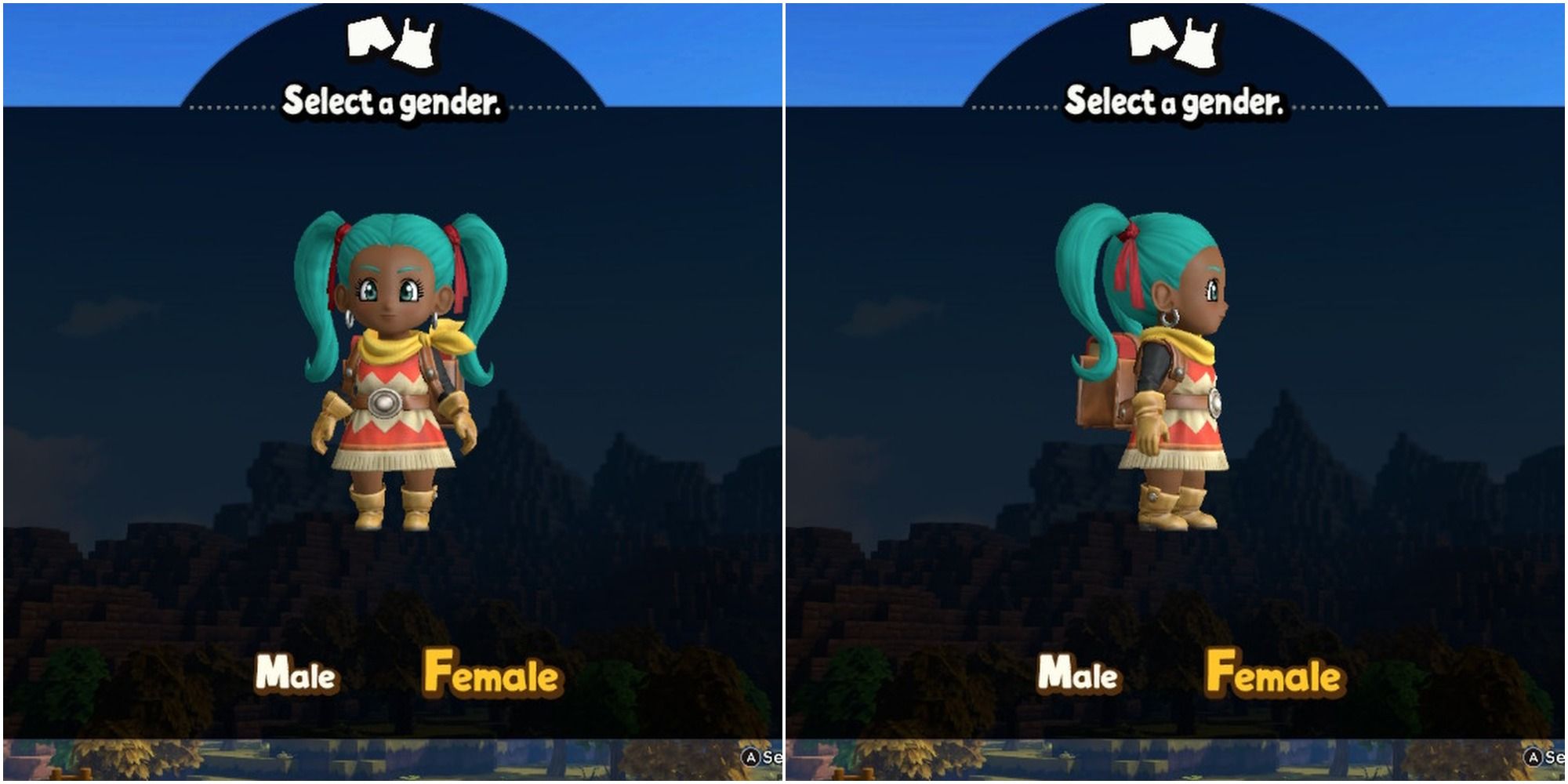 Split image Character creation menu The front and side view of the default female hairstyle on Hero in Dragon Quest Builders 2