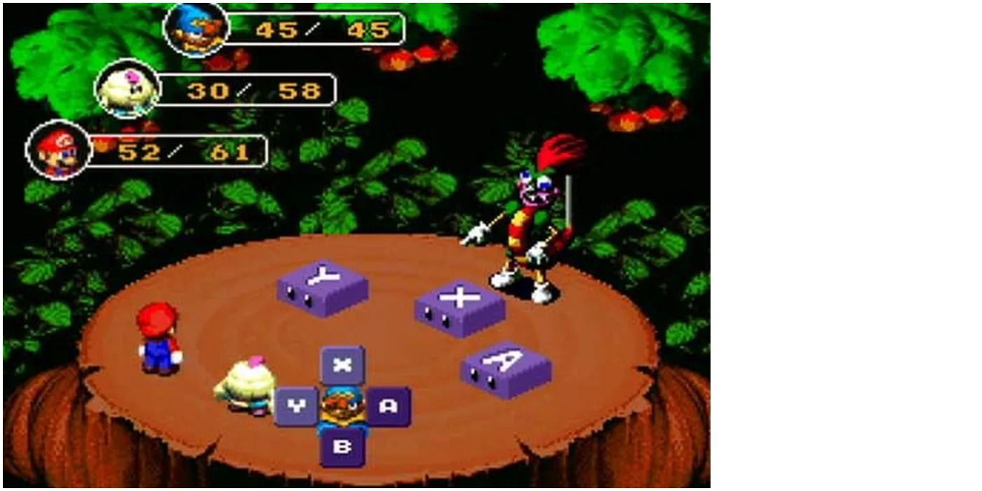 Battle Scenario Featuring Mario, Mallow and Geno In The Forest Maze From Super Mario RPG: Legend of the Seven Stars