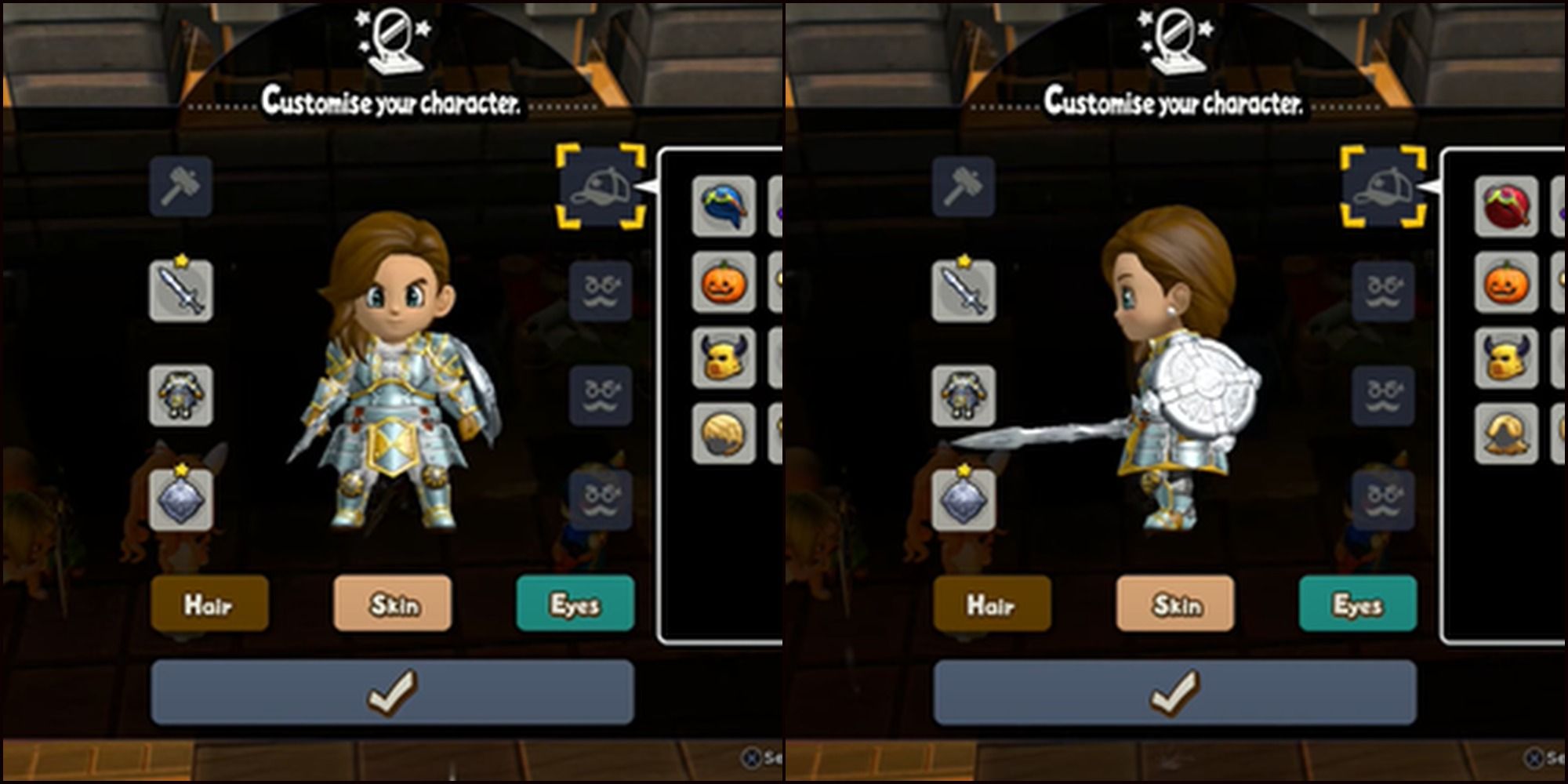 Split image Front and side view of the Wavy locks hairstyle on Hero from Dragon Quest Builders 2 character creation menu