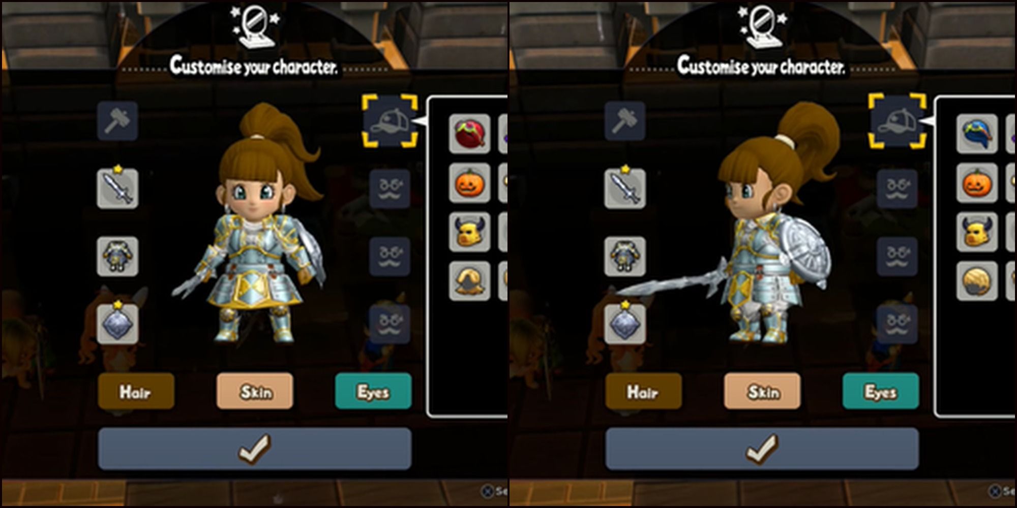 Split image character creation Front and side view of the Pretty ponytail hairstyle on Hero from Dragon Quest Builders 2