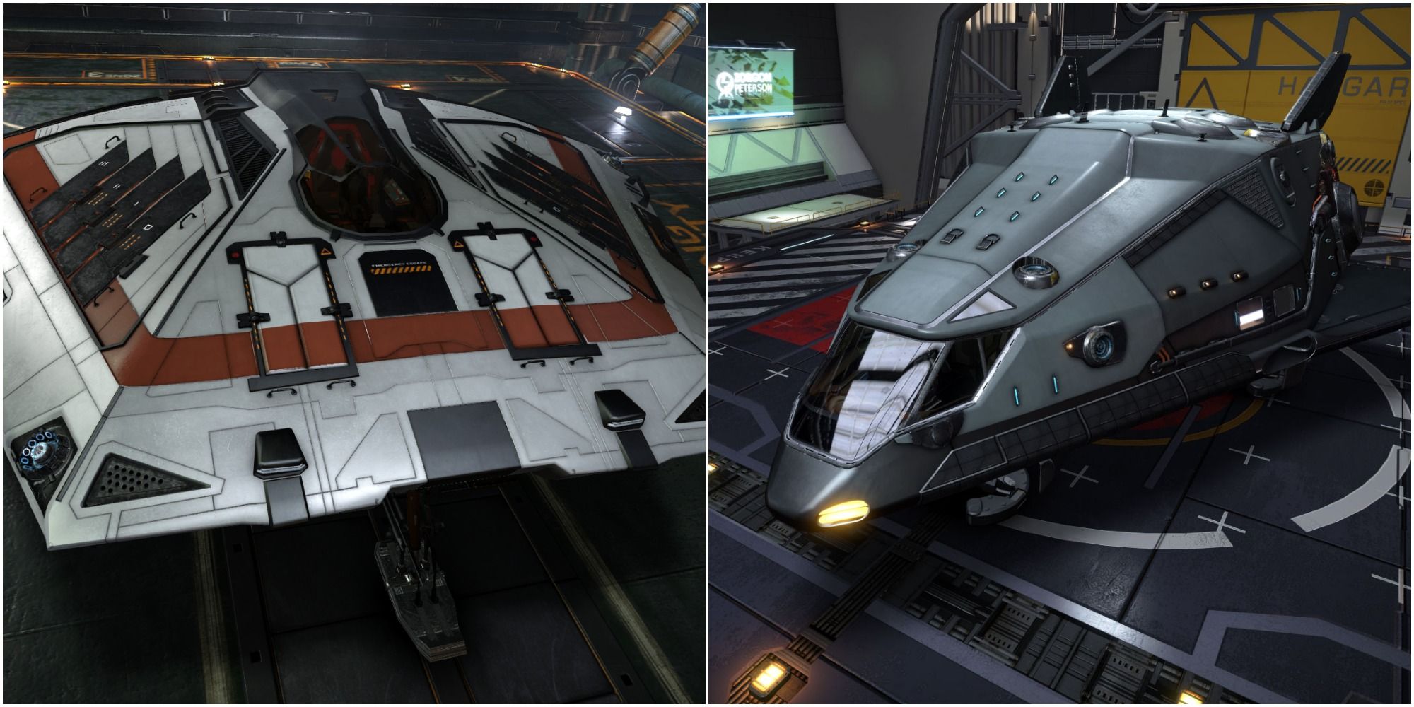 elite dangerous hauler and sidewinder in a hangar