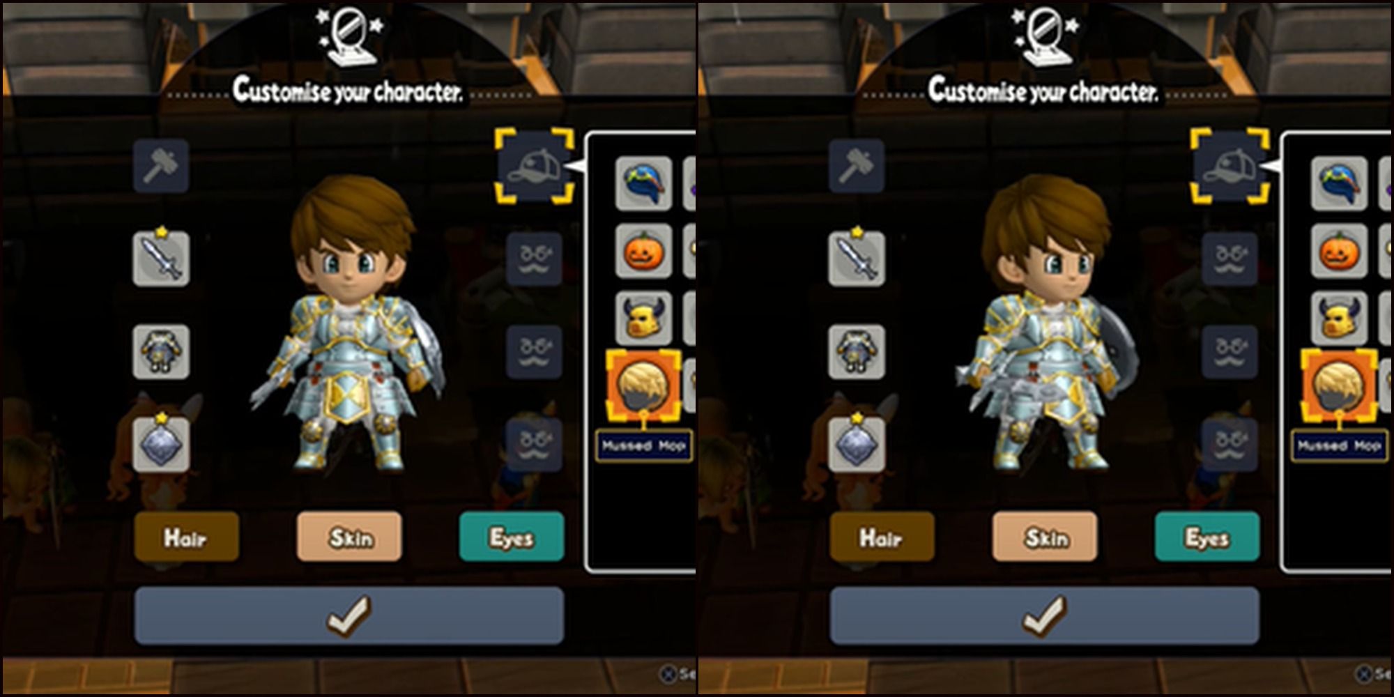 Split image Character customization interface Front and side view of the Mussed mop hairstyle on Hero from Dragon Quest Builders 2