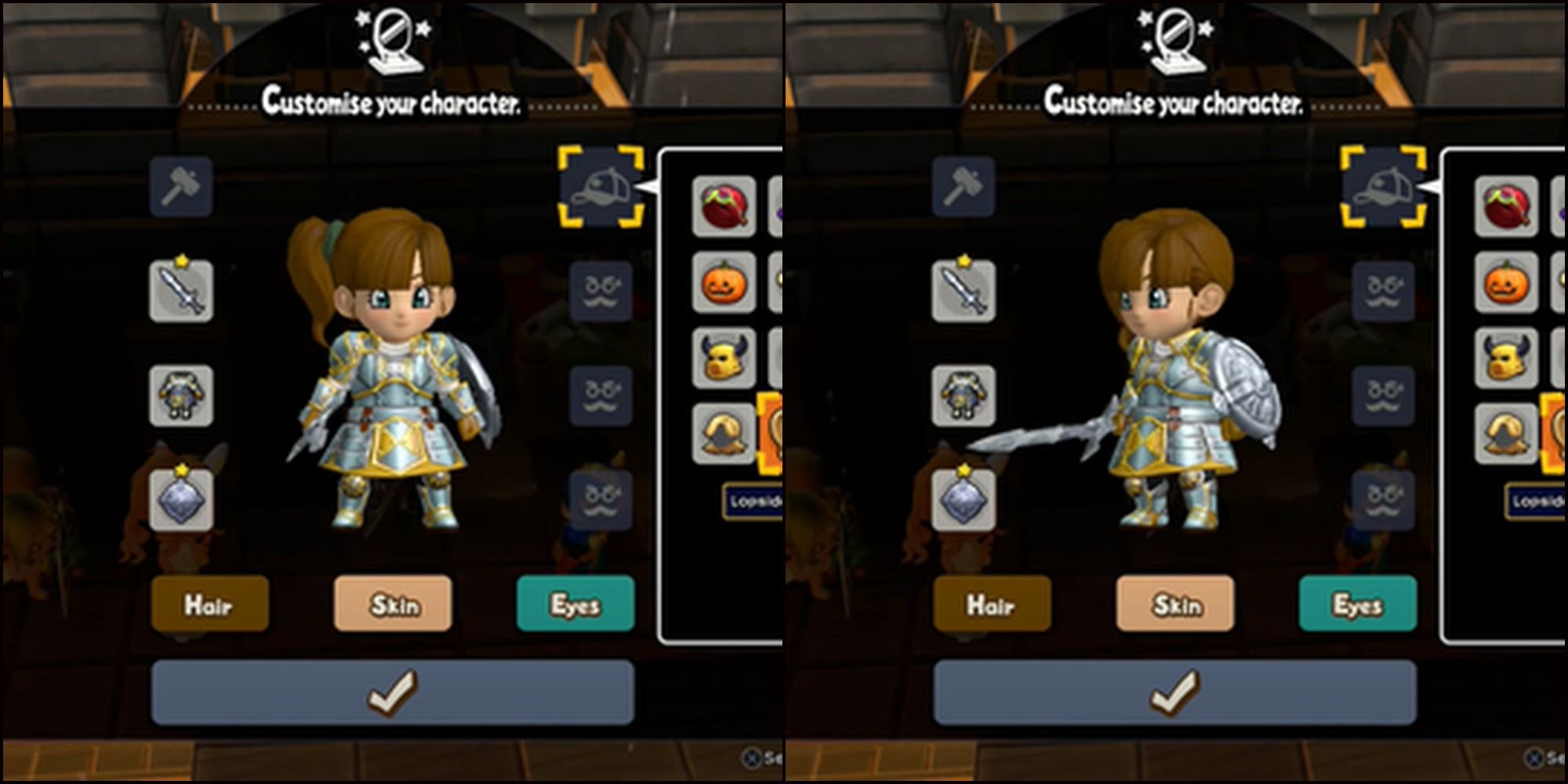 Split image Front and side view of the Lopside ponytail hairstyle on Hero from Dragon Quest Builders 2 character creator