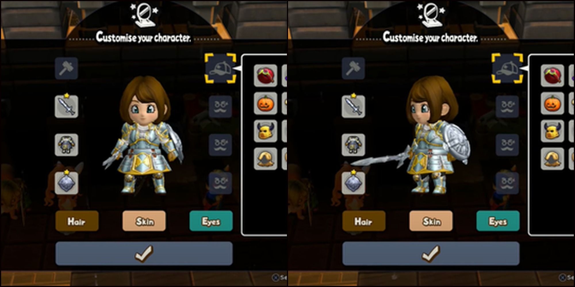Split image Character customization interface Front and side view of the Bonny bob hairstyle on Hero from Dragon Quest Builders 2