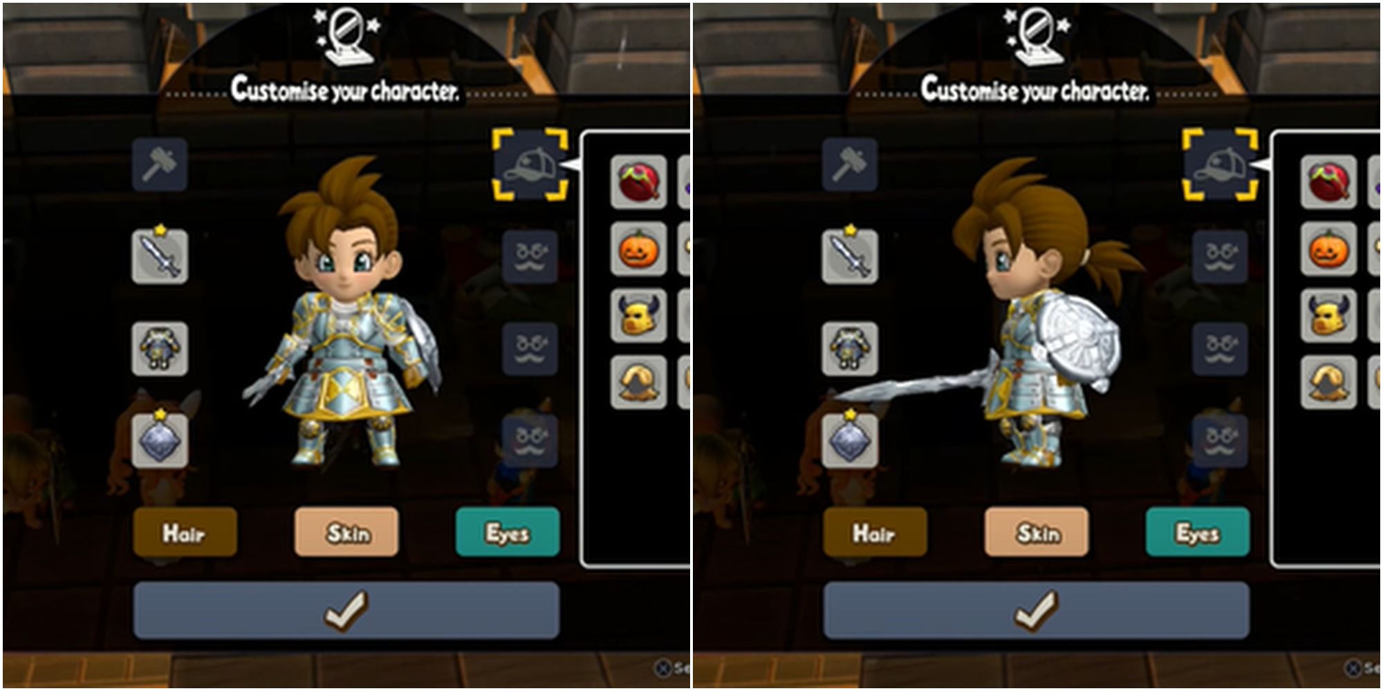Split image Customizing character Front and side view of the Hipster ponytail hairstyle on Hero from Dragon Quest Builders 2