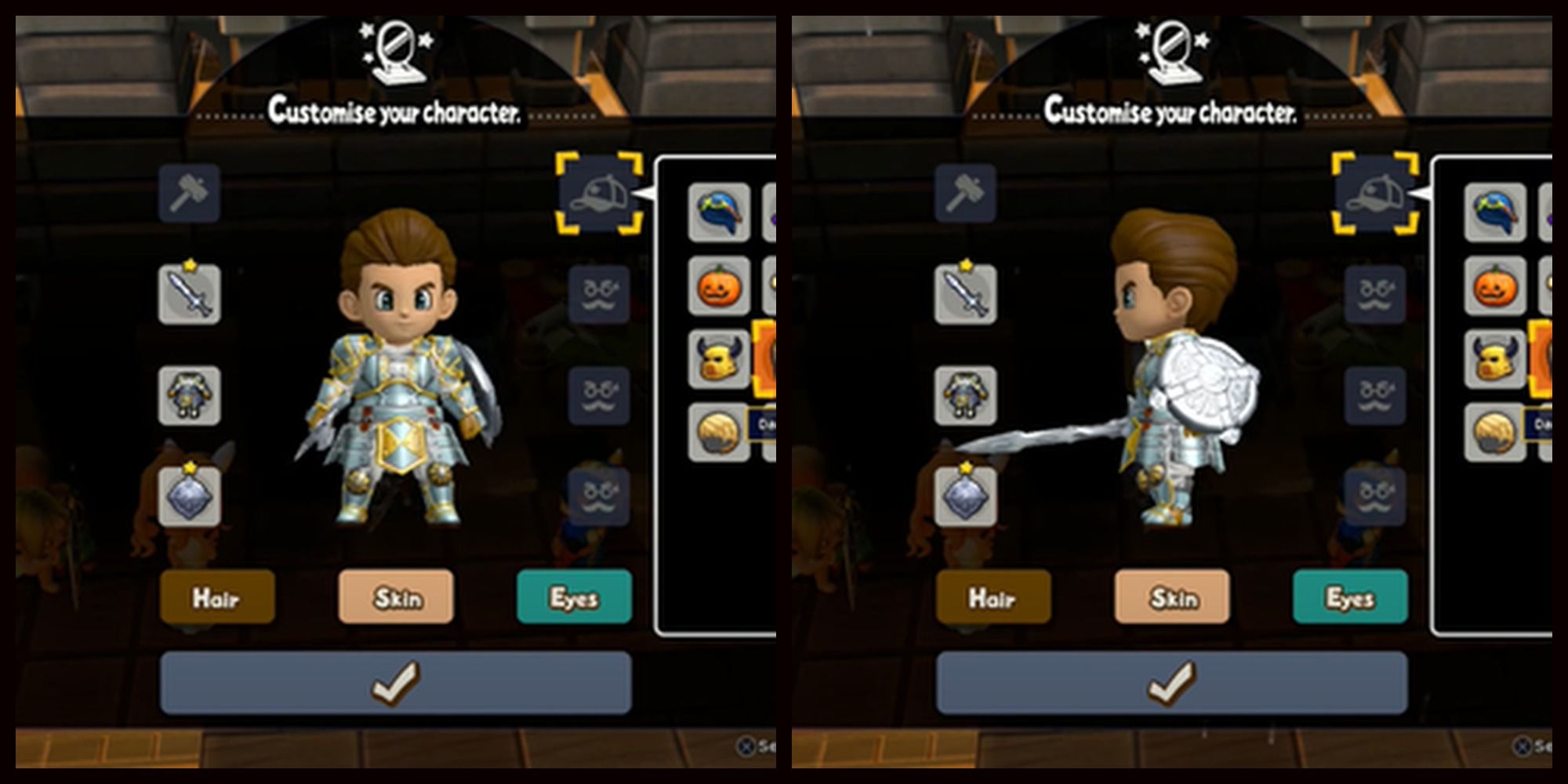 Split image Split image Front and side view of the Dandy do hairstyle on Hero from Dragon Quest Builders 2 character customization menu