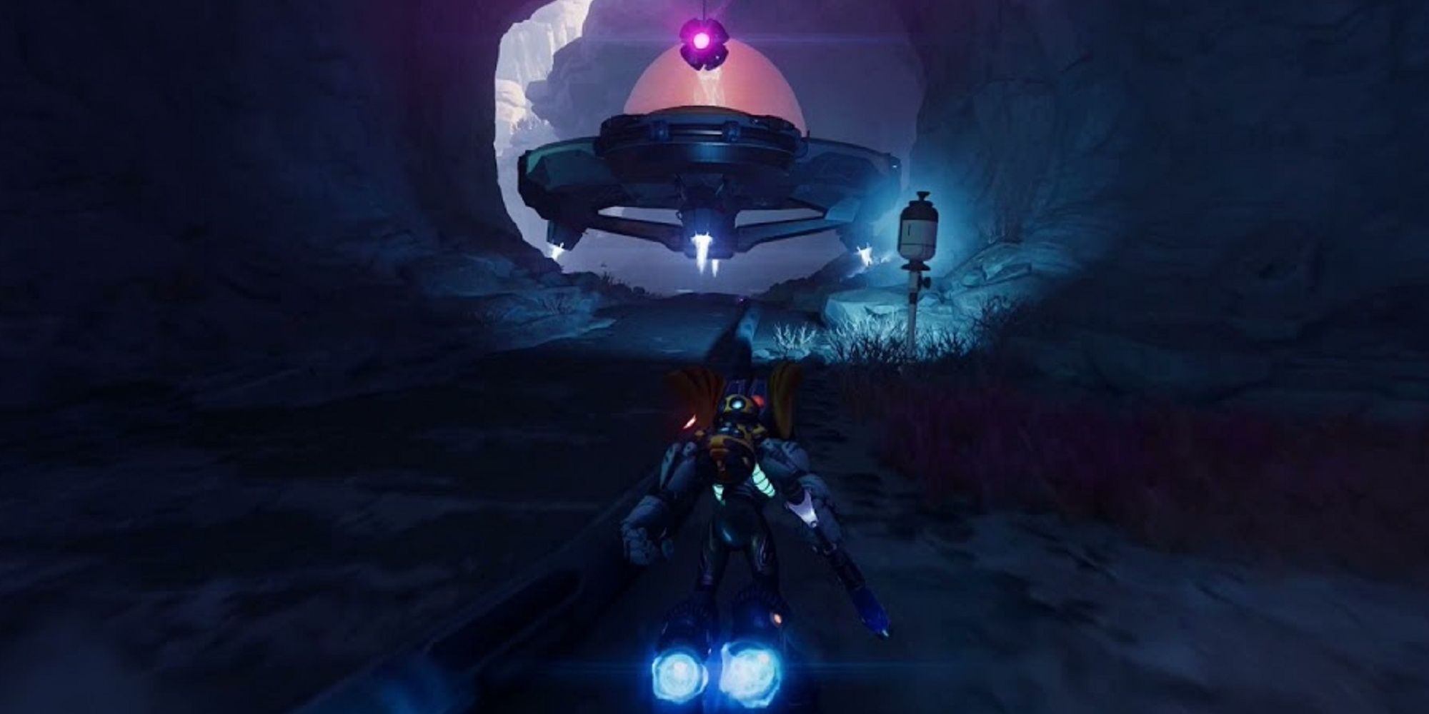 Ratched jet boosting through a bluish cave in pursuit of a flying saucer containing the robot pirate chest