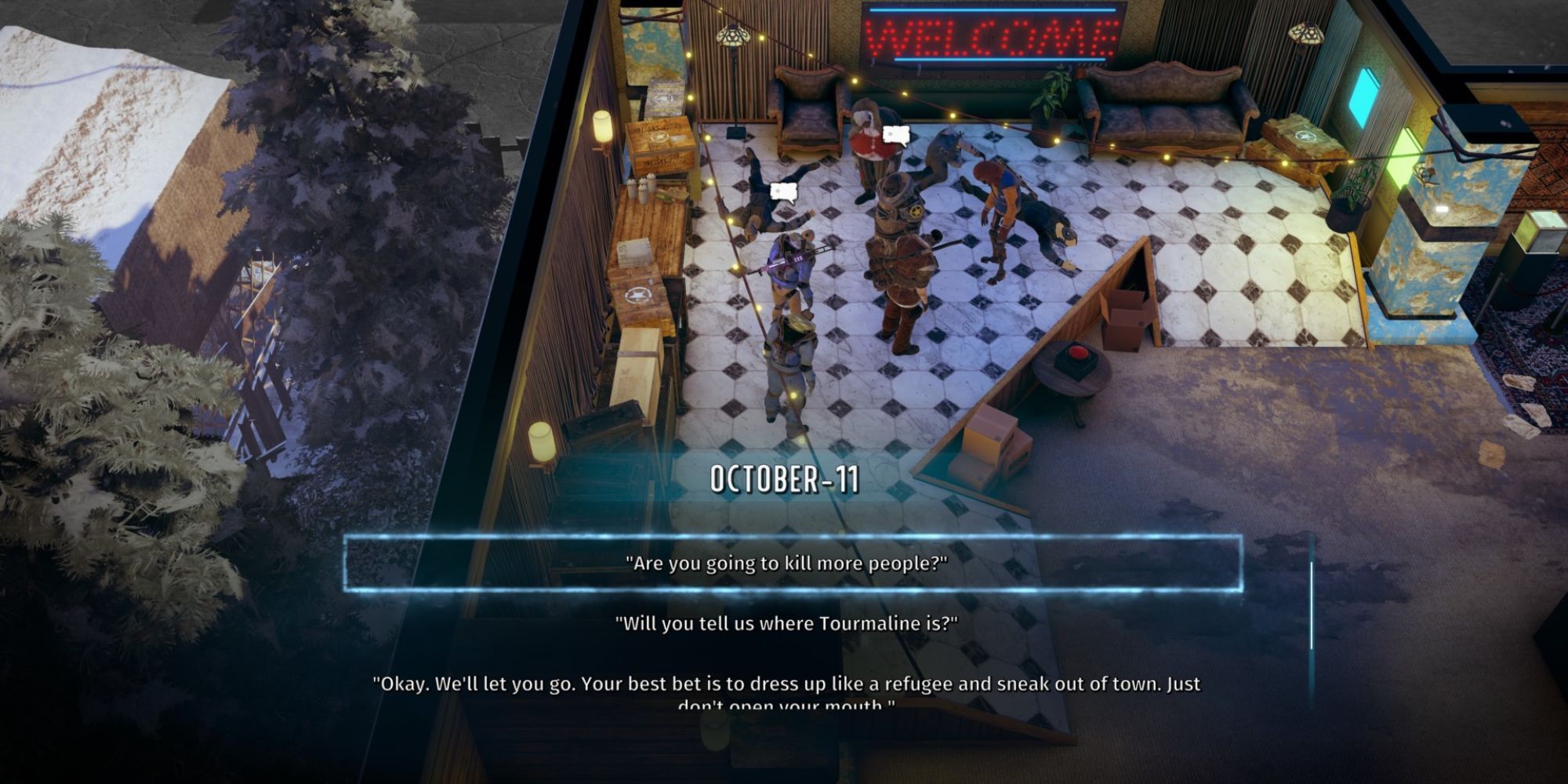 Wasteland 3 characters in a diner with screen declaring it October 11th