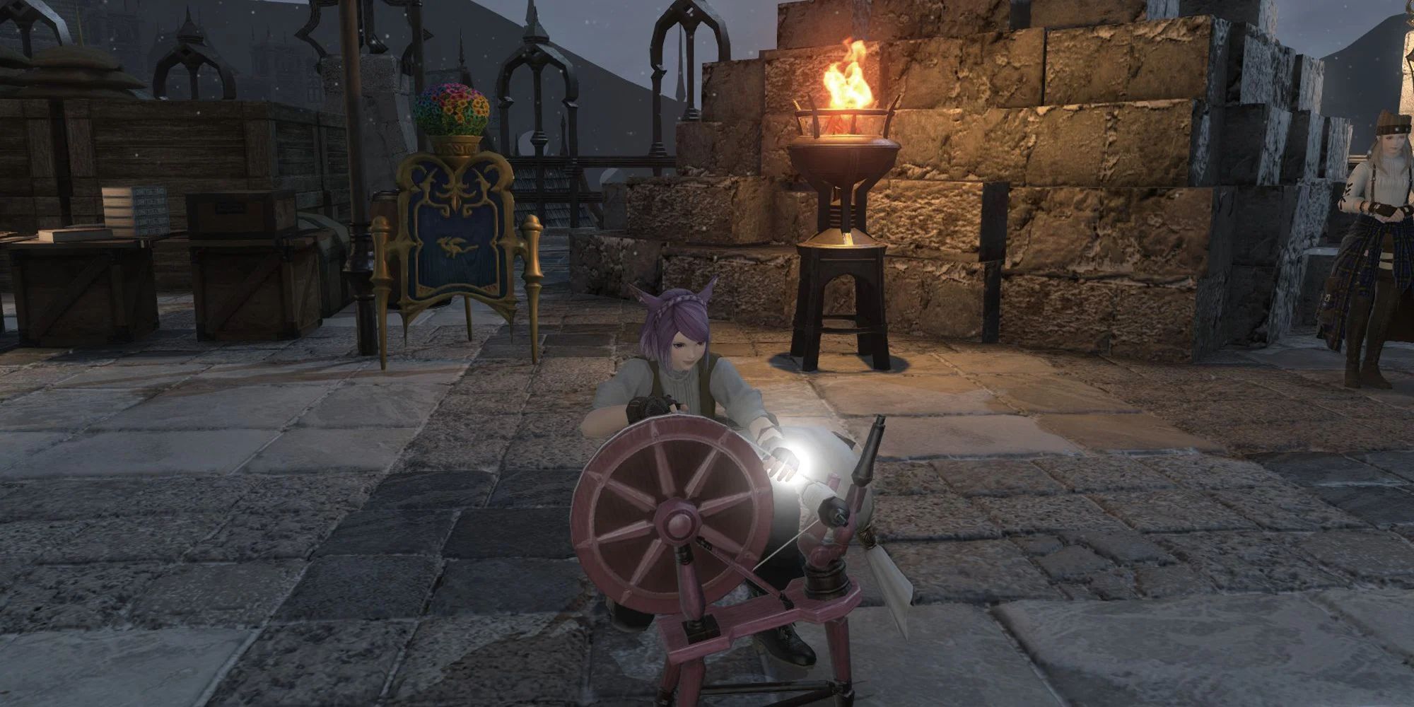 Miqo'te Player Playing Weaver and Crafting In Castle At Night