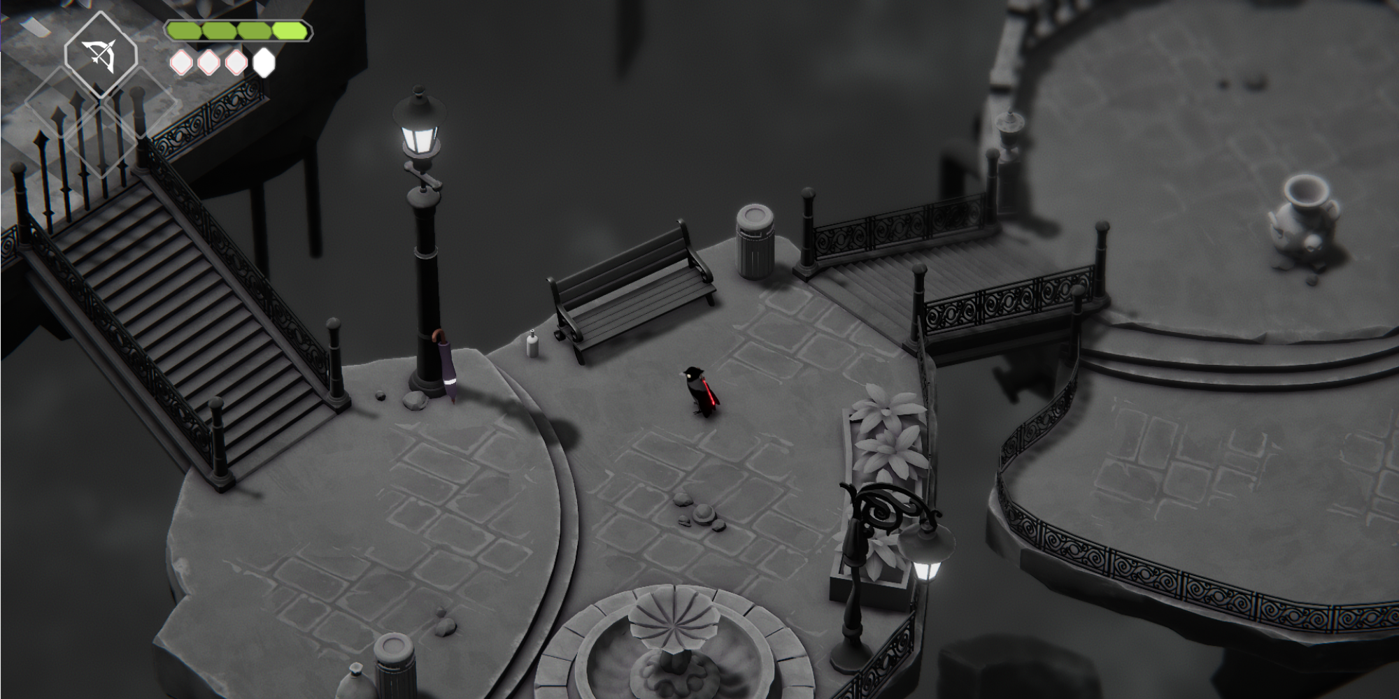 The player character looking at the umbrella in the Hall of Doors in Death's Door